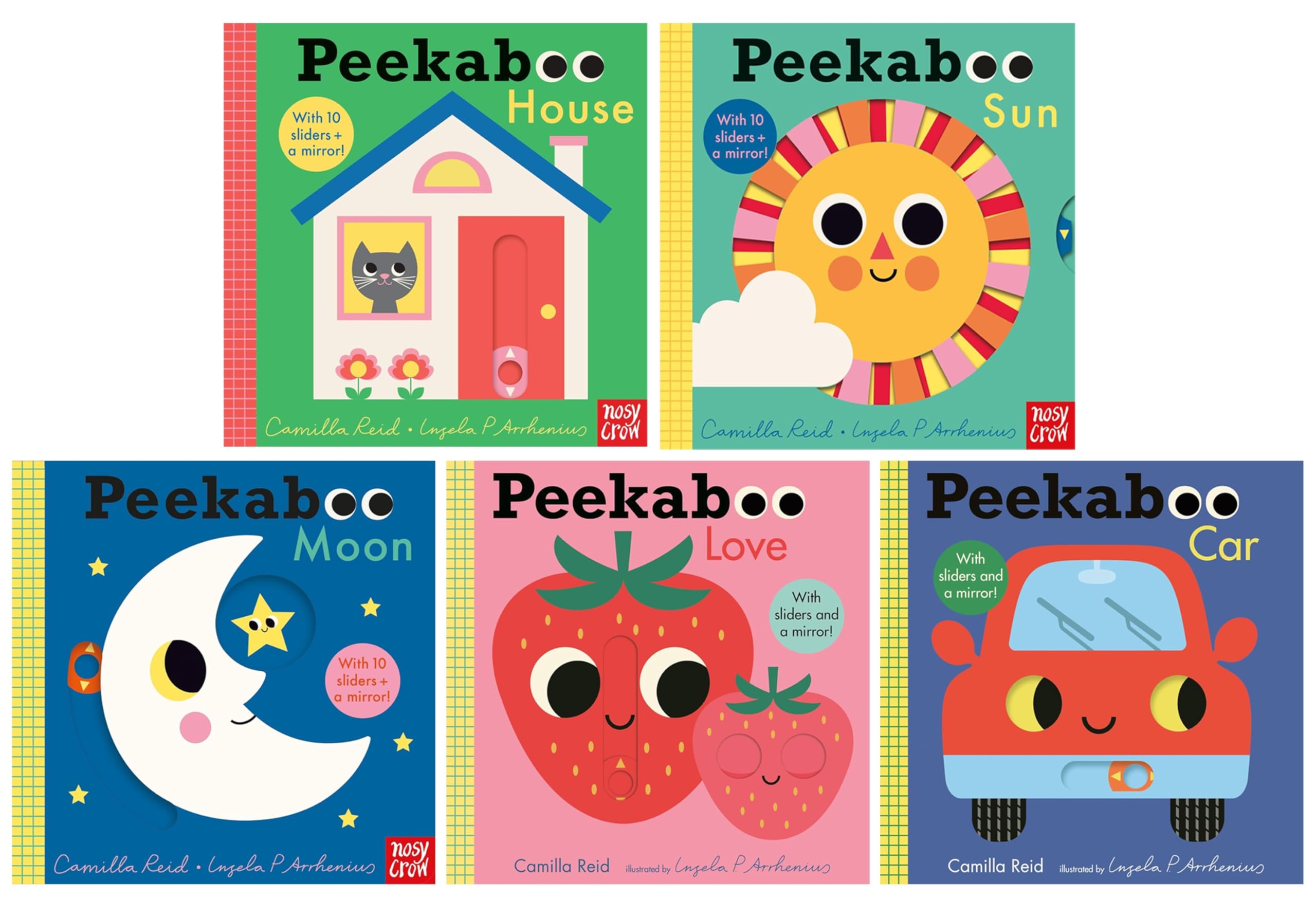 Peekaboo by Camilla Reid 5 Books Collection Set board books front cover showing House, Sun, Moon, Love and Car titles for ages 0-5