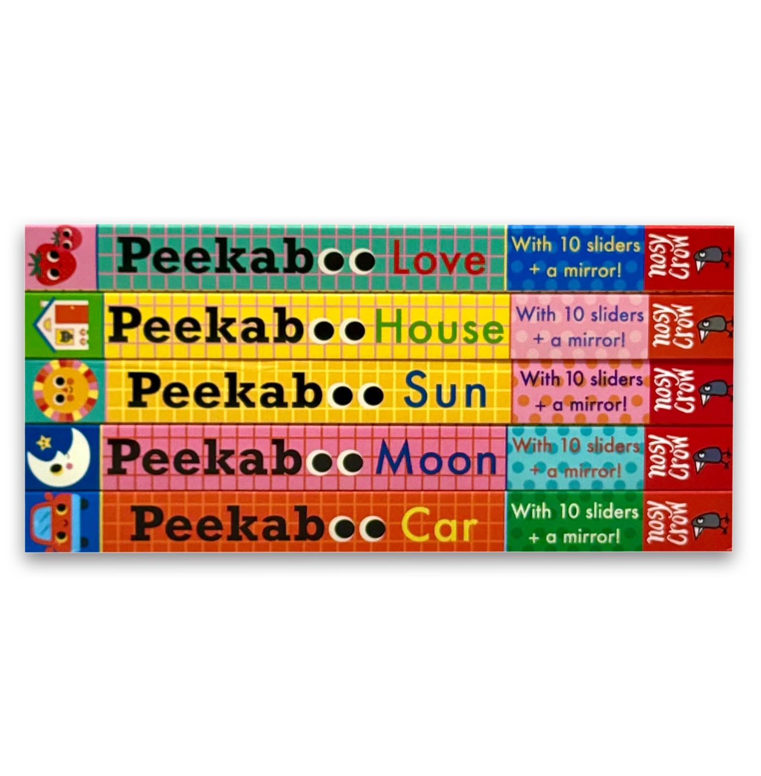 Peekaboo House, Sun, Moon, Love, and Car board books fanned out showing all five covers