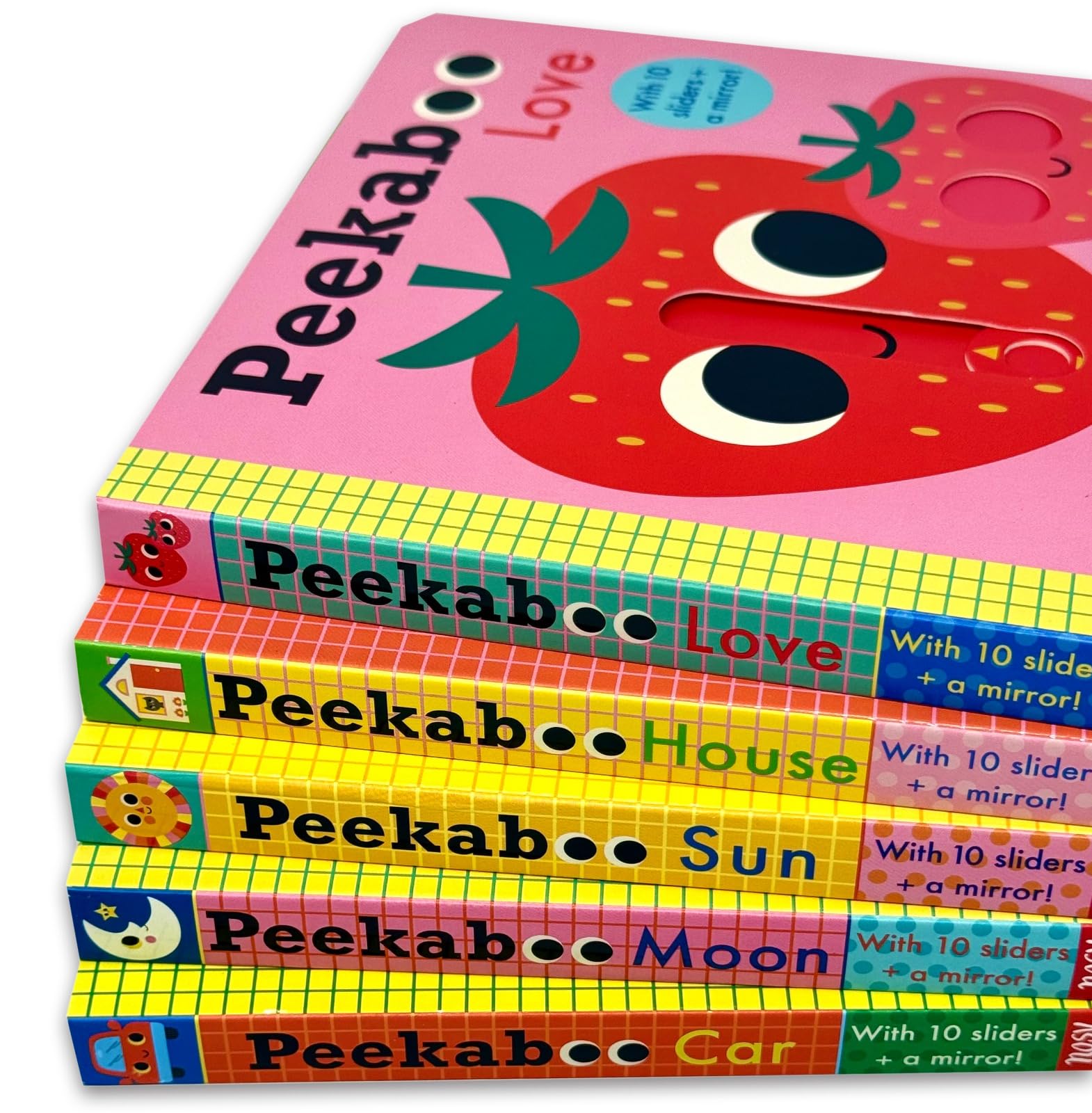 Close-up of Peekaboo board book interactive slider mechanism and mirror page