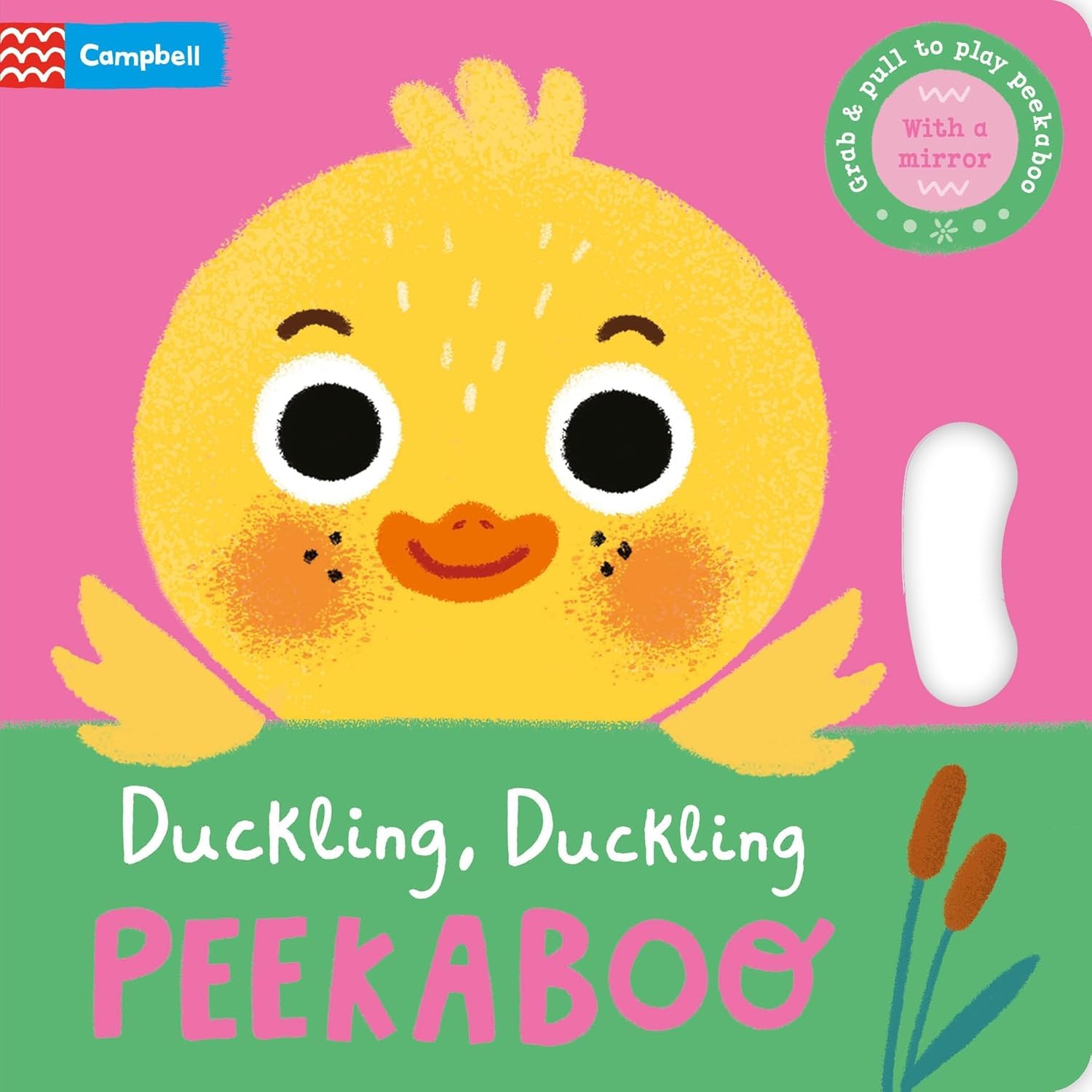 Duckling, Duckling, PEEKABOO! board book cover showing a yellow duckling and grab-and-pull tab