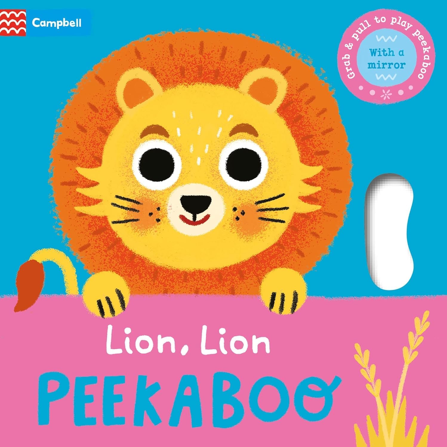 Lion, Lion, PEEKABOO! board book cover featuring a lion cub on a sunny safari background