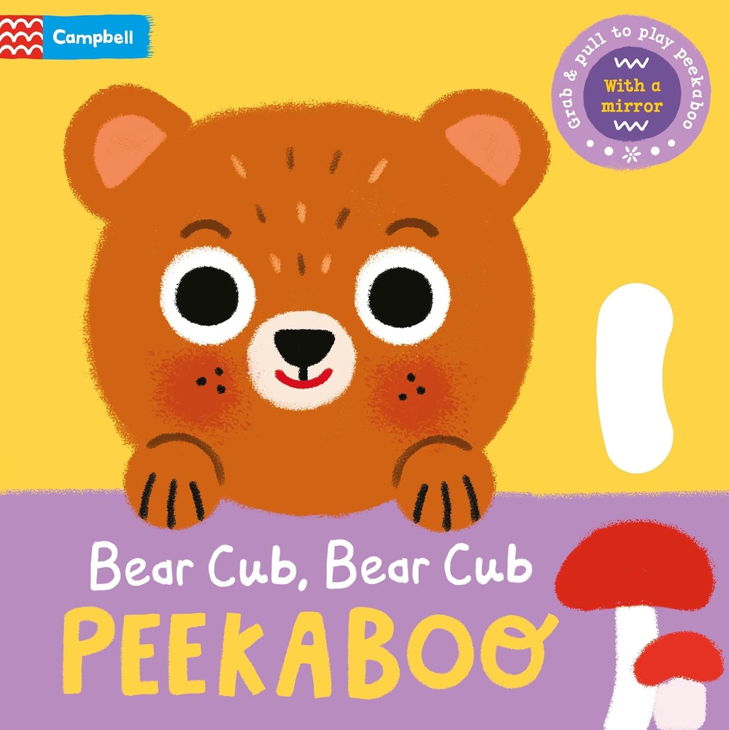 Inside page spread of a Peekaboo board book showing the pull-tab mechanism revealing a hidden animal