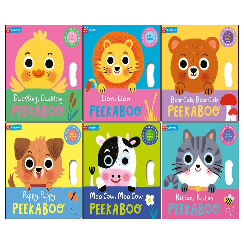 Front covers of all six Peekaboo! board books by Campbell Books fanned out together