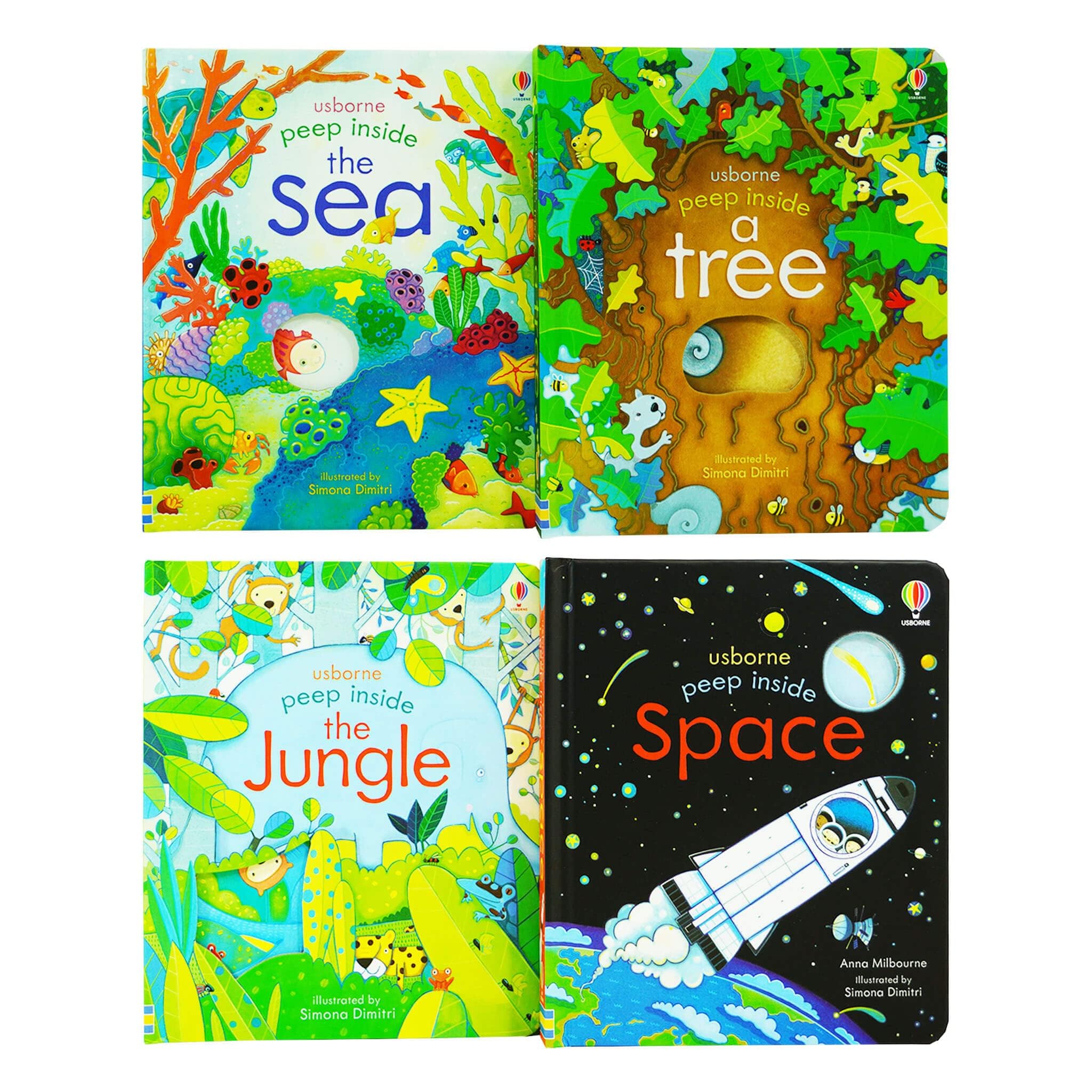 Usborne Peep Inside 4 Books Collection Set - back cover showing Peep Inside a Tree, The Sea, the Jungle, and Space board books