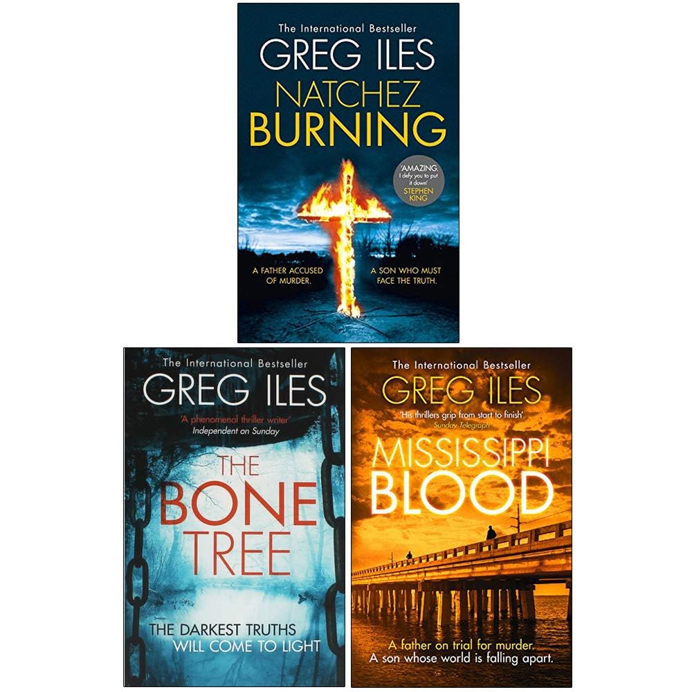 Penn Cage Series by Greg Iles 3 books collection set (Natchez Burning, The Bone Tree, Mississippi Blood) paperback books stacked together.