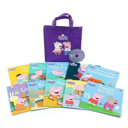 Peppa Pig 20 Books Collection Set back of lime and purple carry bags with audio CD and title list