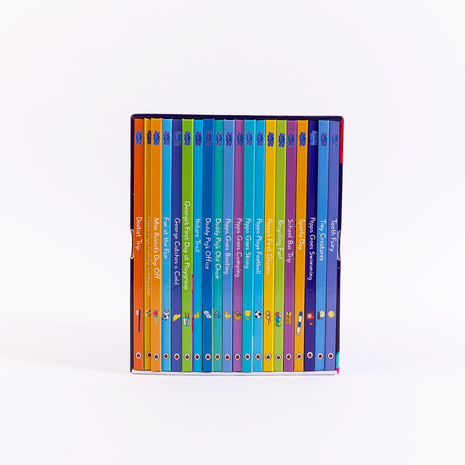 Peppa Pig Bedtime Box of Books 20 hardback storybooks fanned out showing individual titles