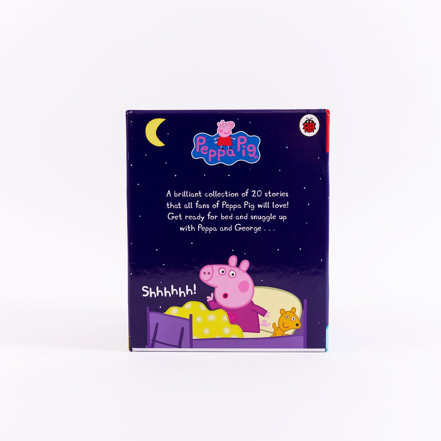Back of Peppa Pig Bedtime Box of Books packaging listing all 20 titles in the set