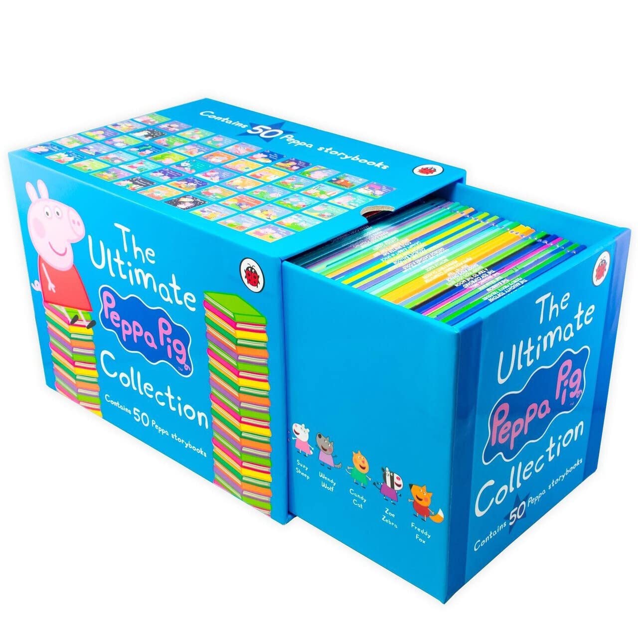 Peppa Pig Ultimate Collection 50 paperback storybooks fanned out showing individual titles in the box set
