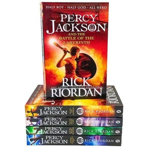 Five Percy Jackson and the Olympians paperback books by Rick Riordan fanned out to display individual cover art for each title