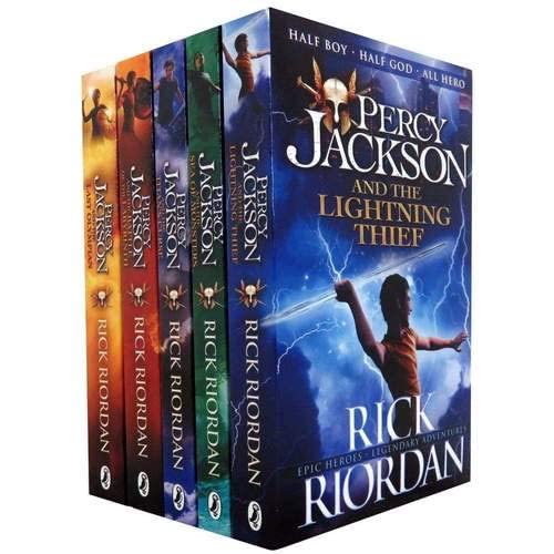 Close-up stack of the Percy Jackson and the Olympians paperback collection set, highlighting cover illustrations and book thickness