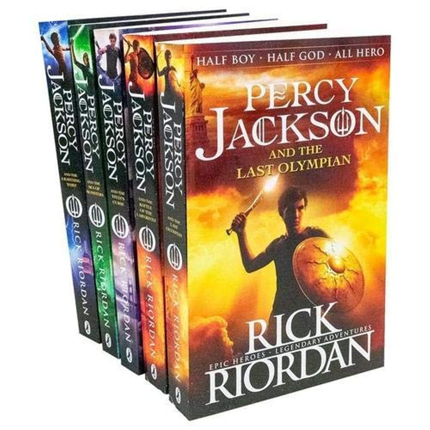 Front cover view of the Percy Jackson and the Olympians 5-book paperback boxed set by Rick Riordan, showing all five spines together