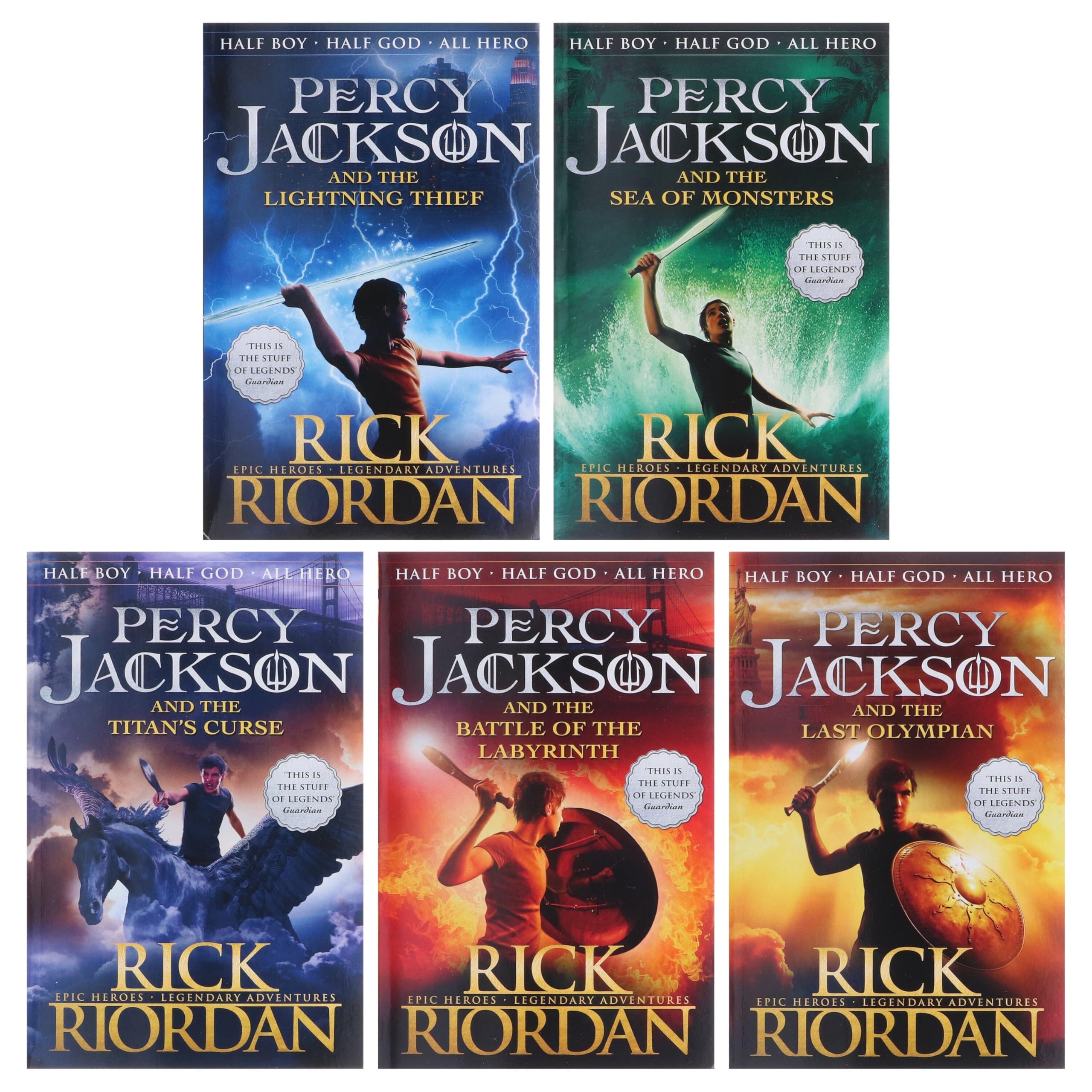 Percy Jackson and the Olympians 5-book paperback boxed set by Rick Riordan, front cover artwork showing the full collection.