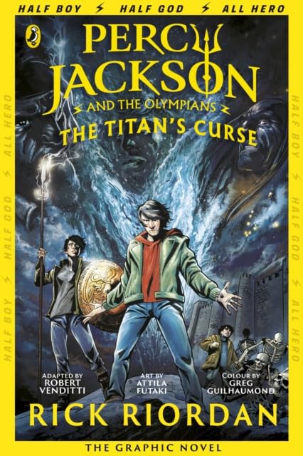 All five Percy Jackson graphic novel paperbacks fanned out showing spines and full-color cover artwork