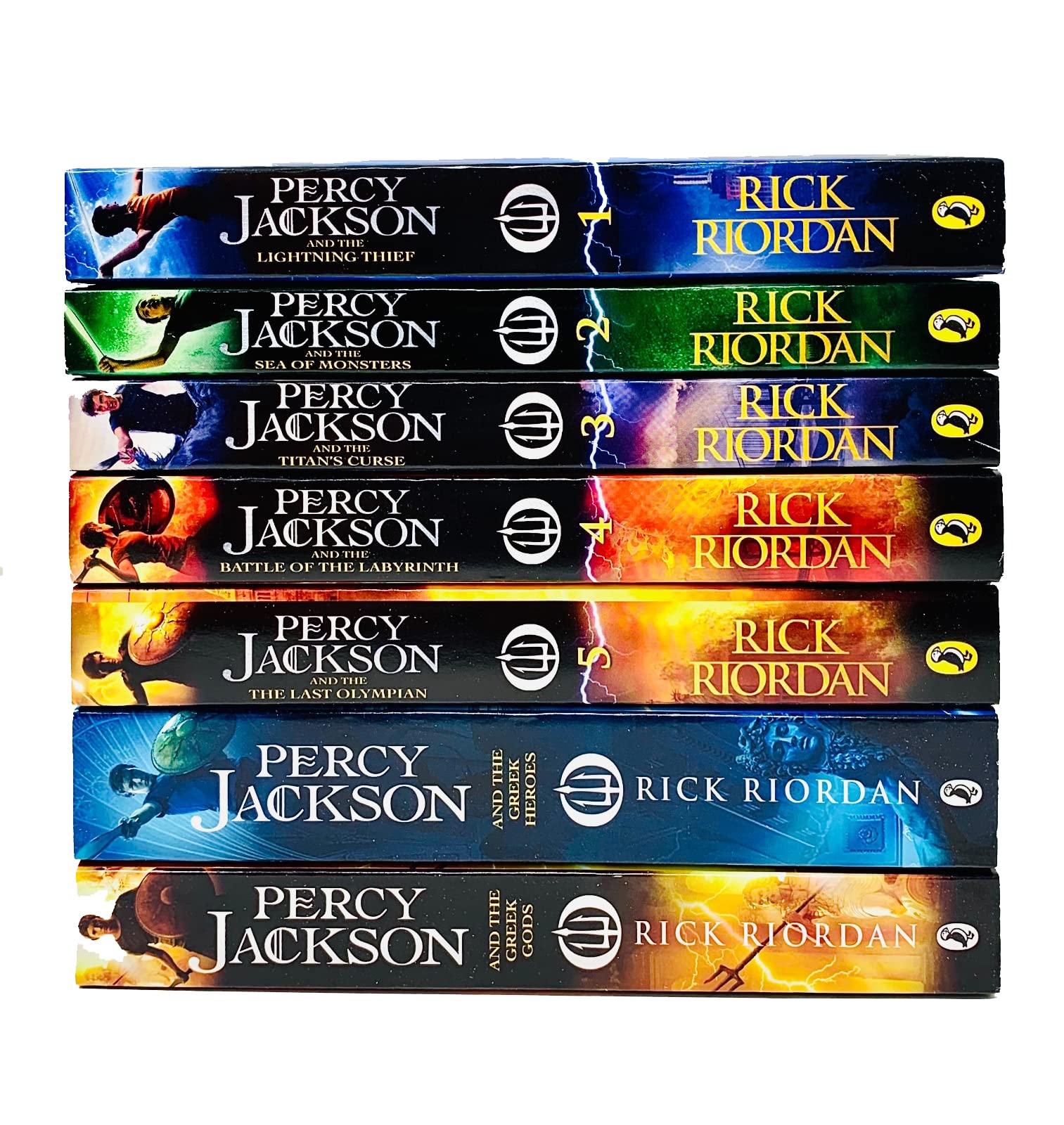 All seven Percy Jackson paperback books fanned out, showing titles including Lightning Thief, Greek Gods, and Greek Heroes.