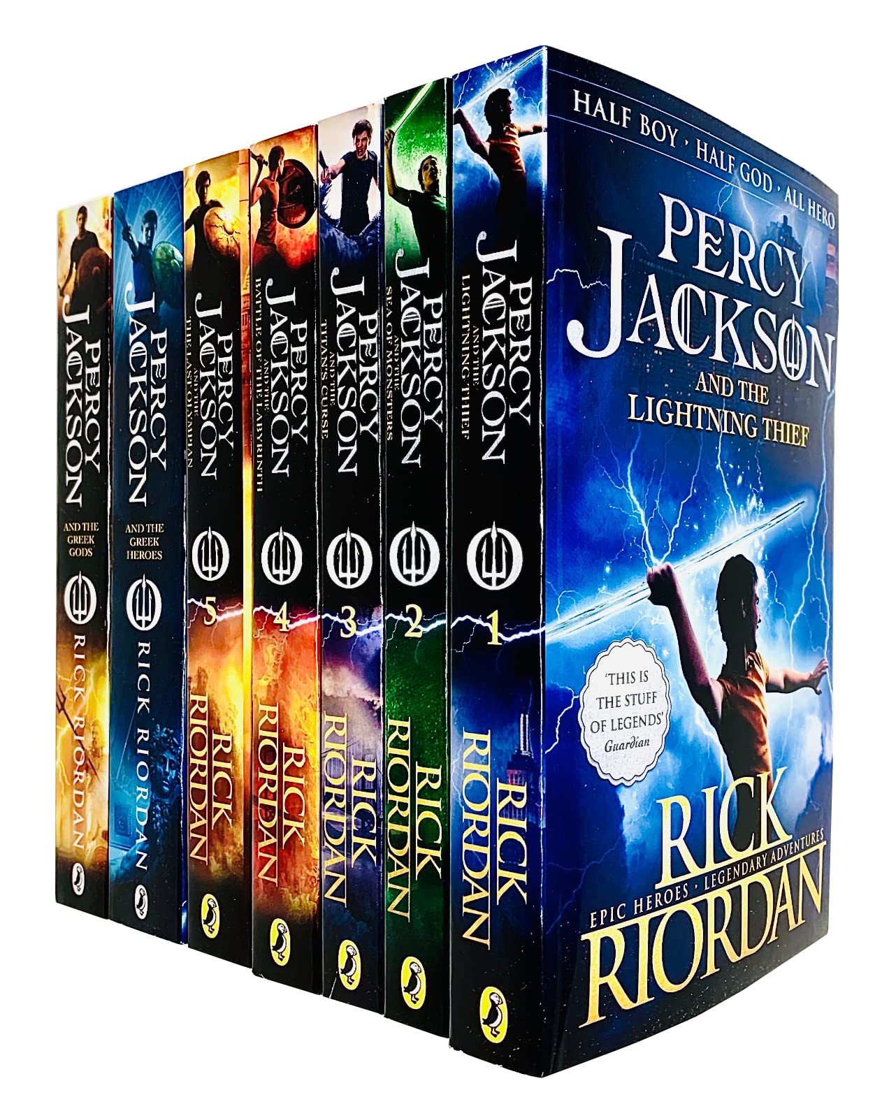 Front view of the complete Percy Jackson and the Olympians 7-book paperback collection set by Rick Riordan, ages 9-12.