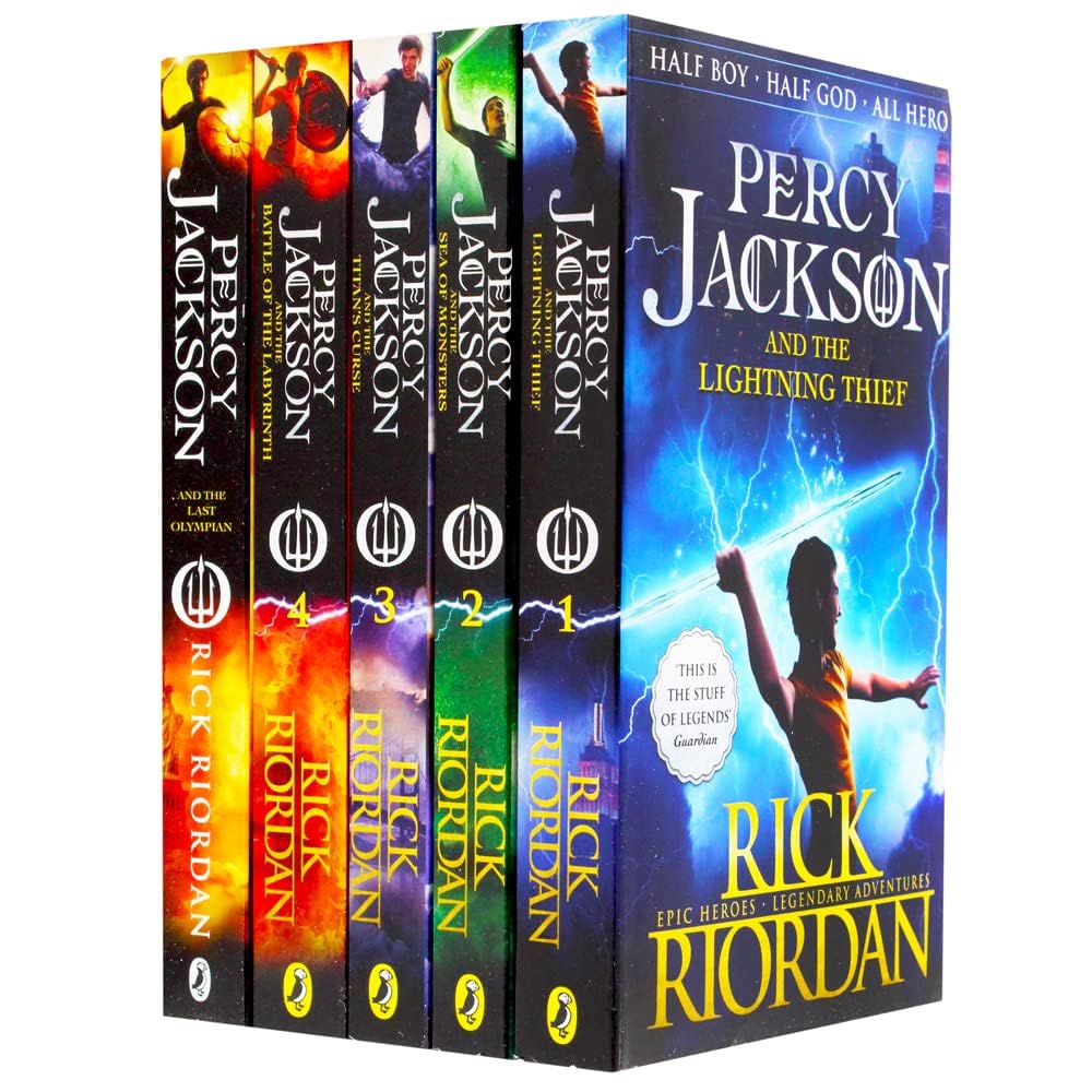 Angled view of the Percy Jackson and the Olympians paperback box set by Rick Riordan, displaying the full artwork across the covers.
