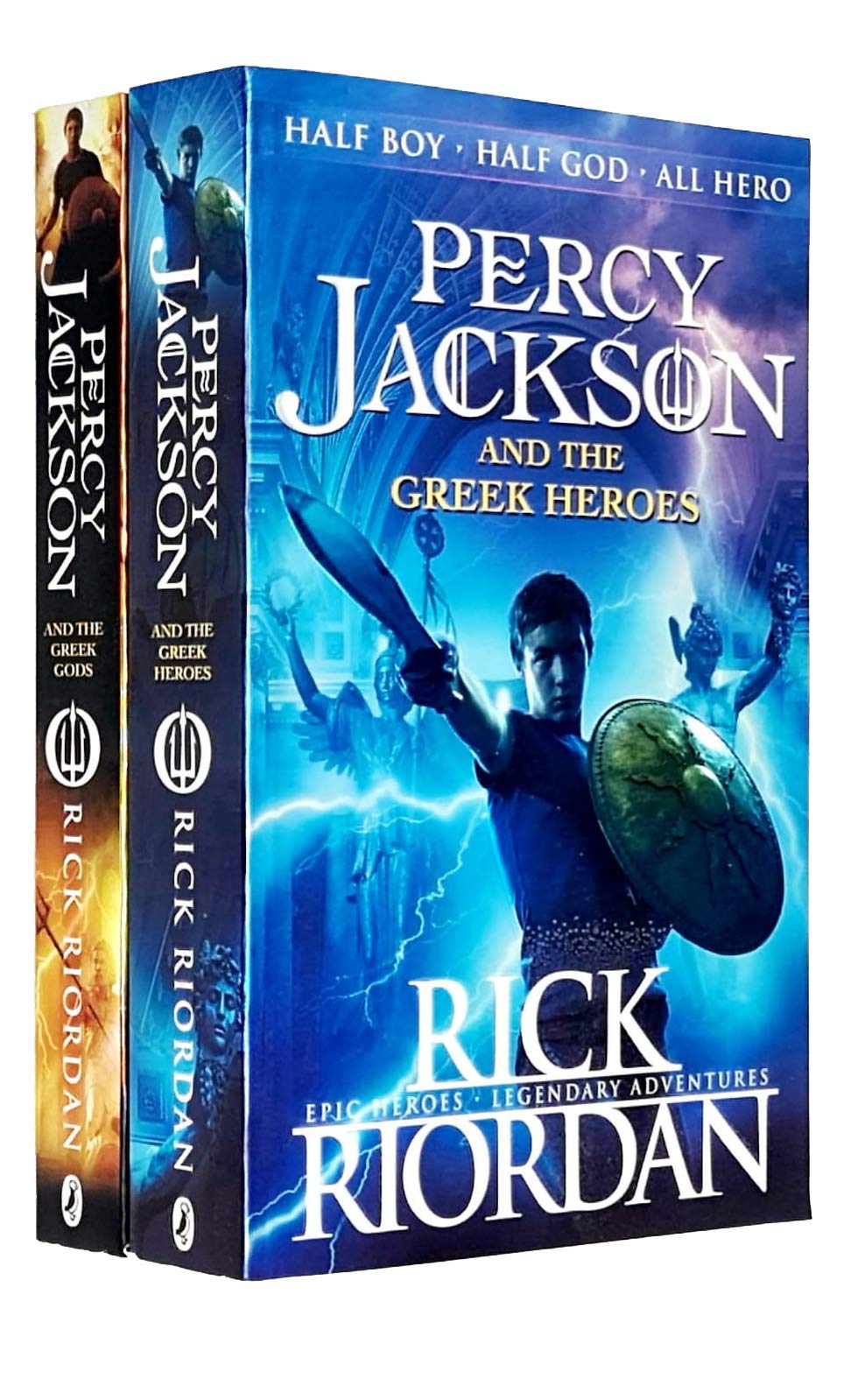 Close-up of the two Percy Jackson Greek Myths paperback covers by Rick Riordan side by side, Puffin edition
