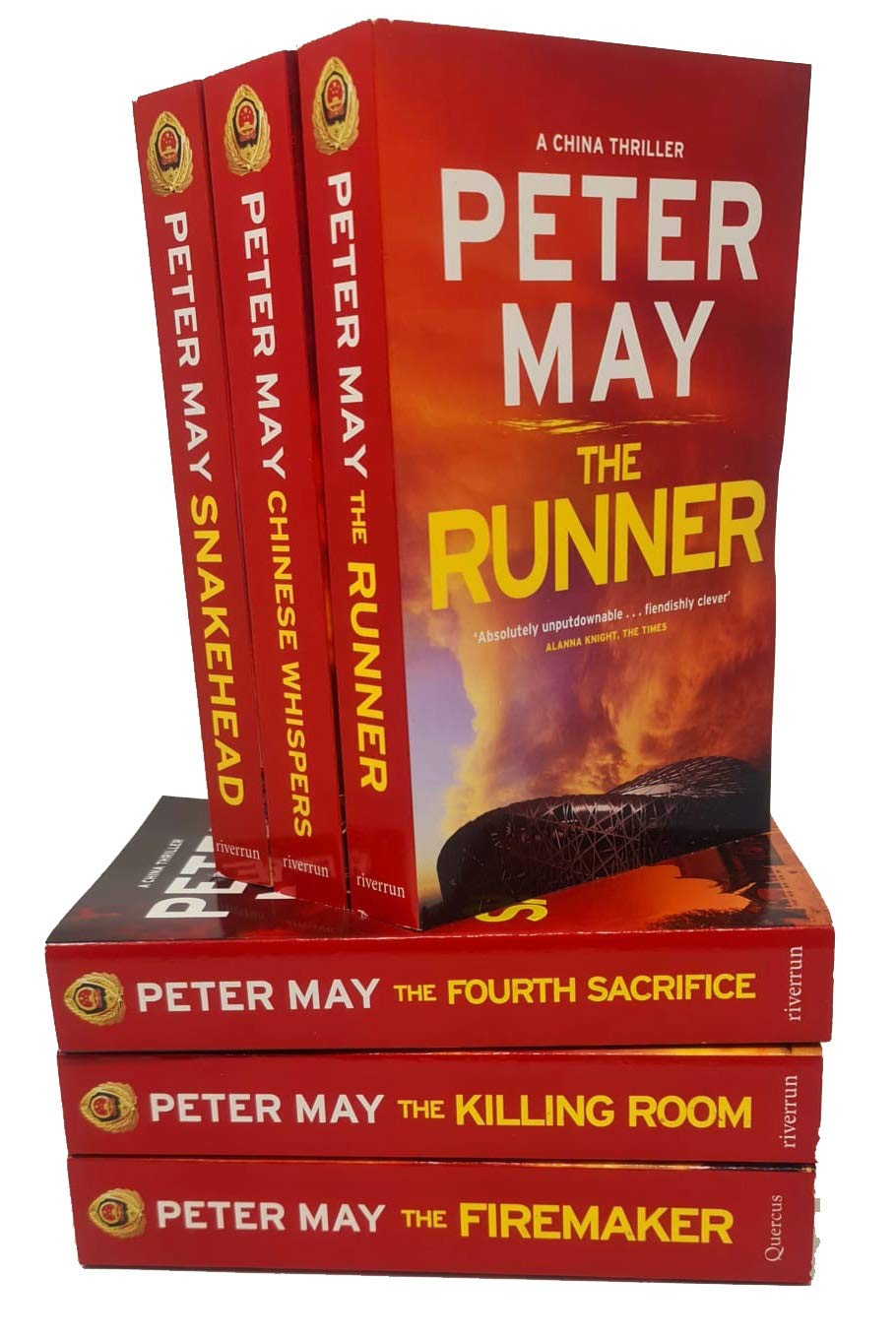 Back view of the Peter May China Thrillers paperback box set with Li Yan and Margaret Campbell series description
