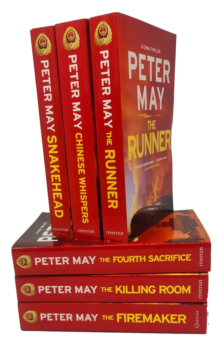All six Peter May China Thrillers paperback books fanned out showing individual spines and covers