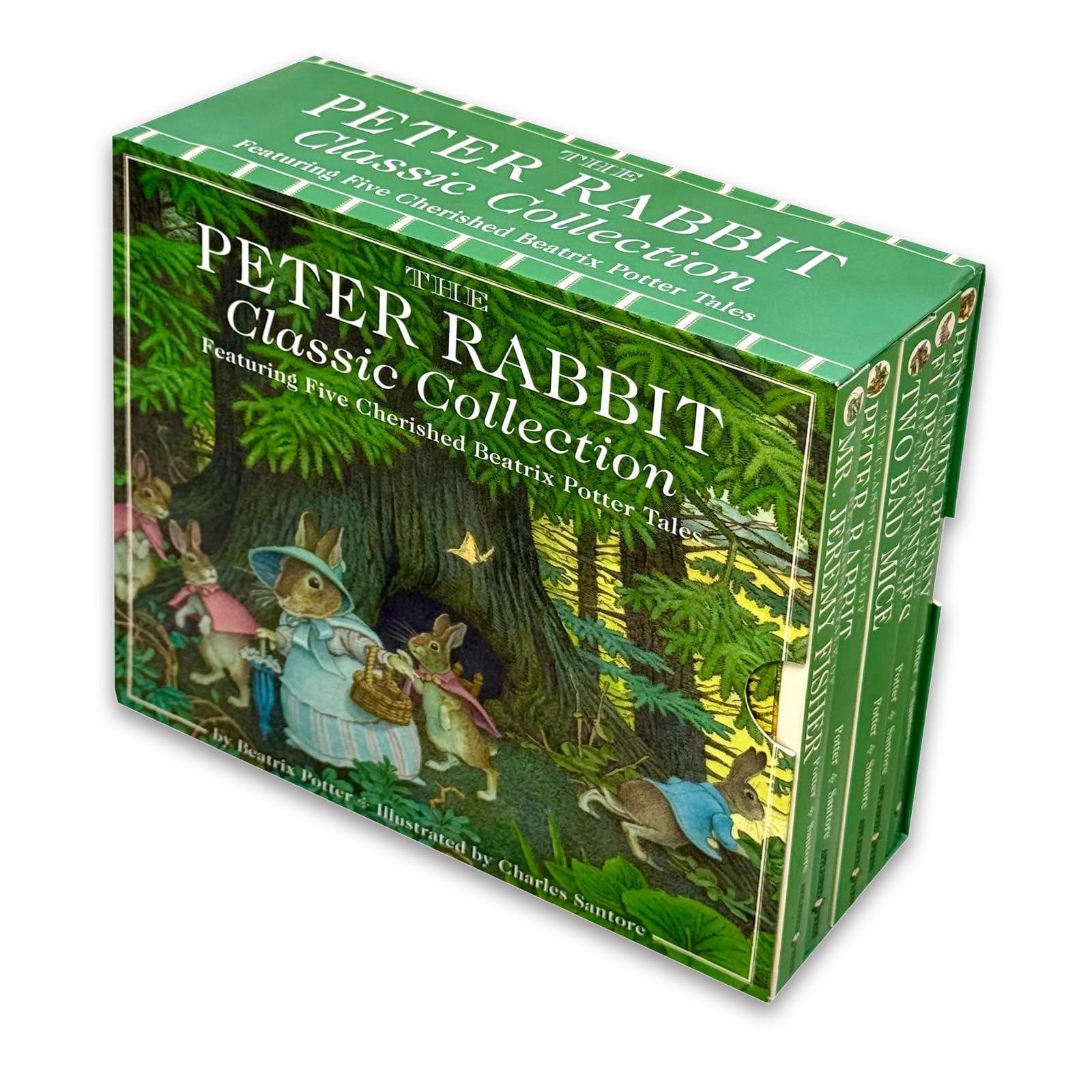 Back of the Peter Rabbit Classic Collection box showing all five board book titles listed