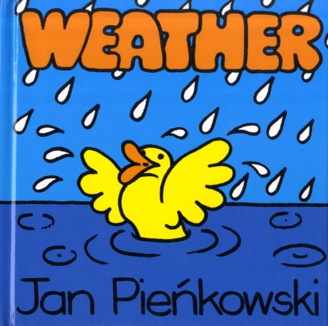 Close-up of the Wheels and Weather paperback covers from the Jan Pienkowski concept book set
