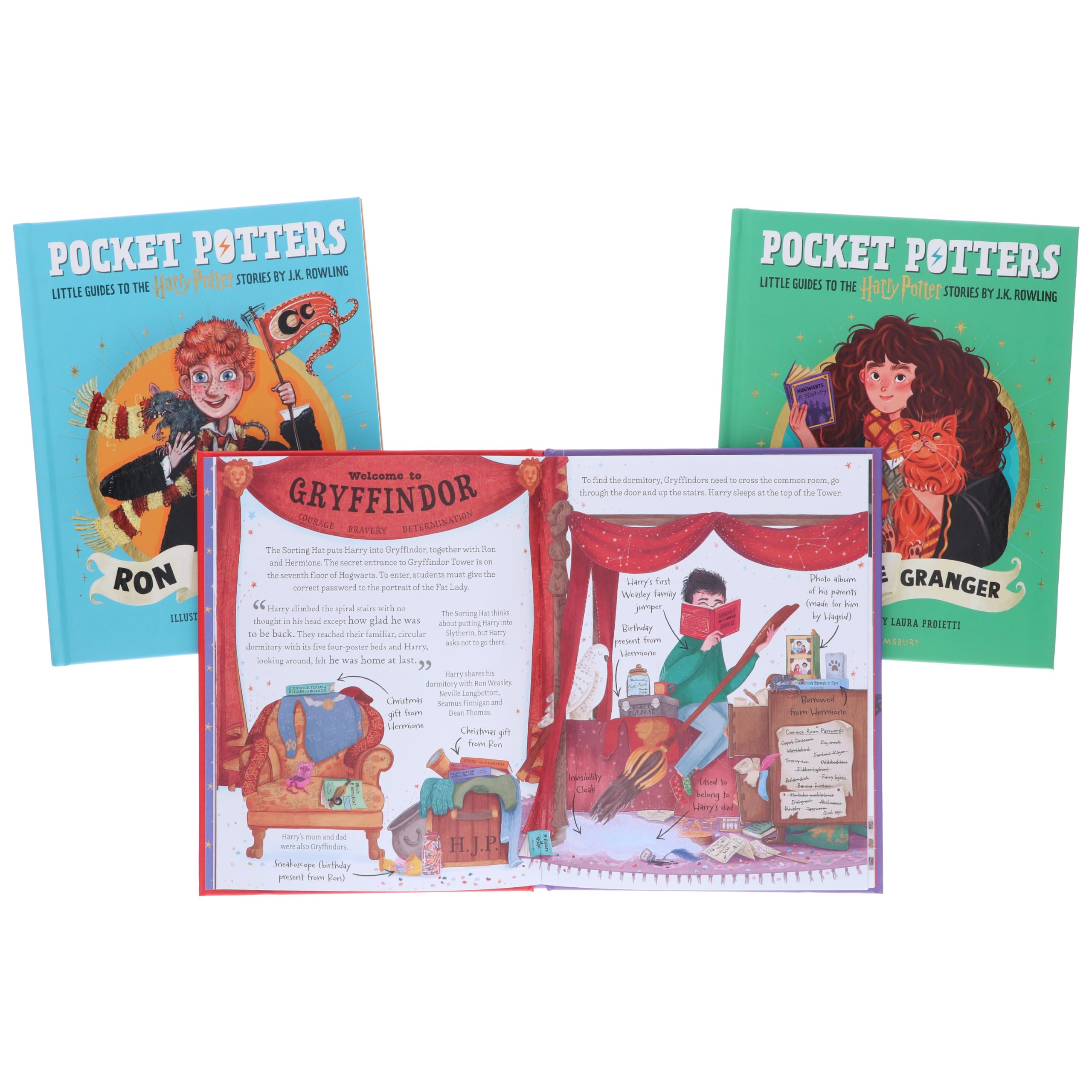 Back covers of the three Pocket Potters hardback books shown fanned out together