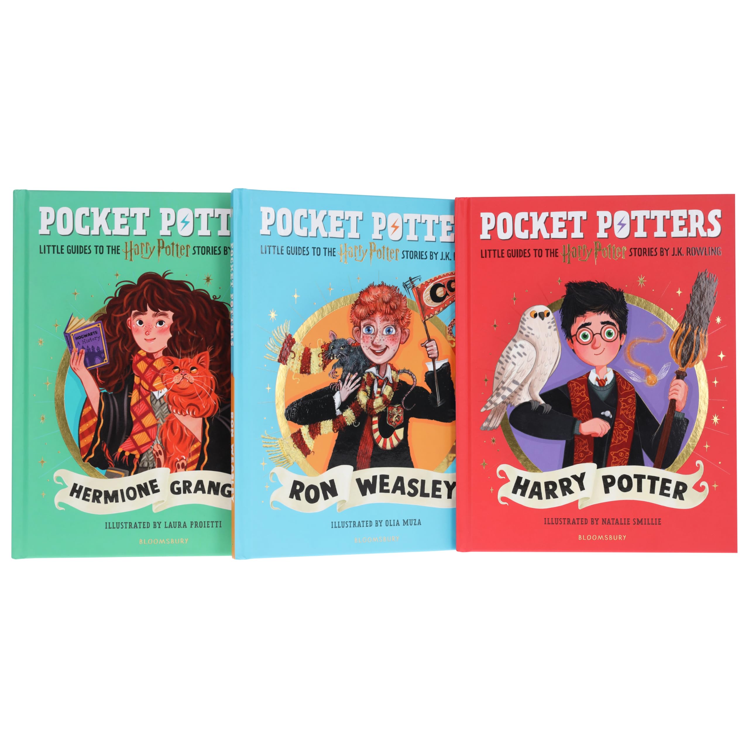 Pocket Potters by J.K. Rowling 3-book hardback collection set - front covers of Harry Potter, Ron Weasley, and Hermione Granger guides