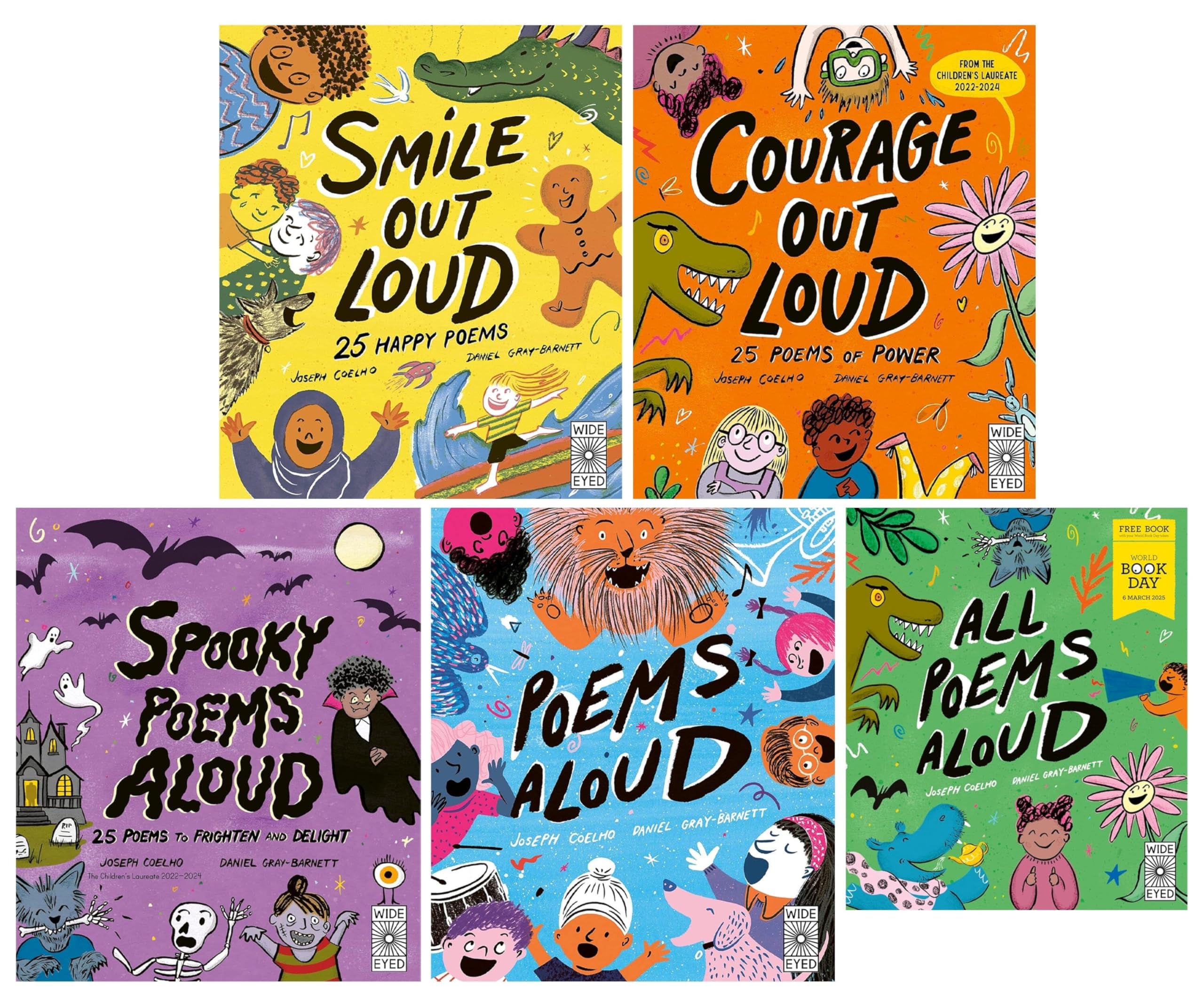 Poetry to Perform 5-book paperback collection by Joseph Coelho, front covers of Smile Out Loud, Courage Out Loud, Spooky Poems Aloud, Poems Aloud, and All Poems Aloud