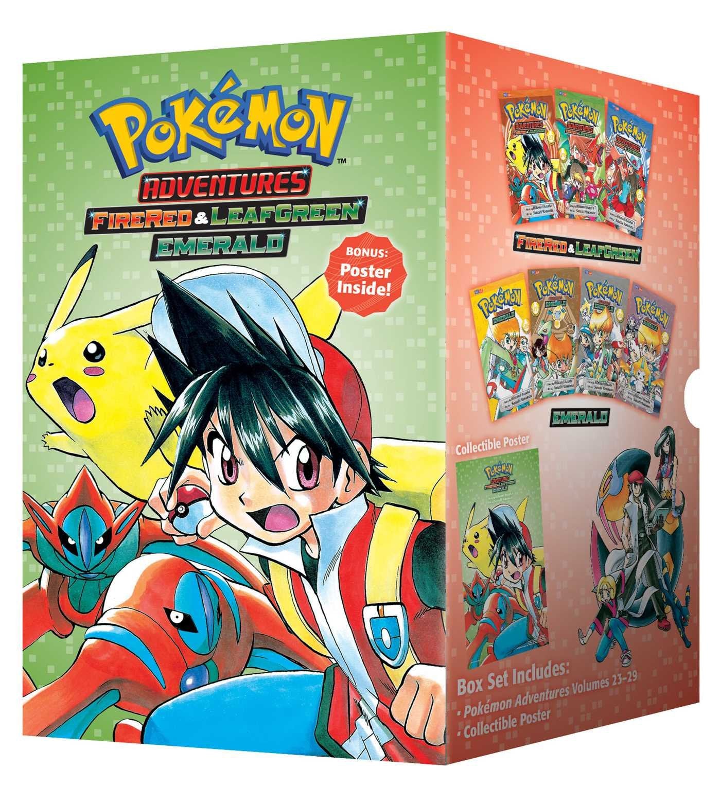 Front cover view of the Pokémon Adventures FireRed & LeafGreen / Emerald 7-book paperback box set, Volumes 23-29, by Hidenori Kusaka and Satoshi Yamamoto.