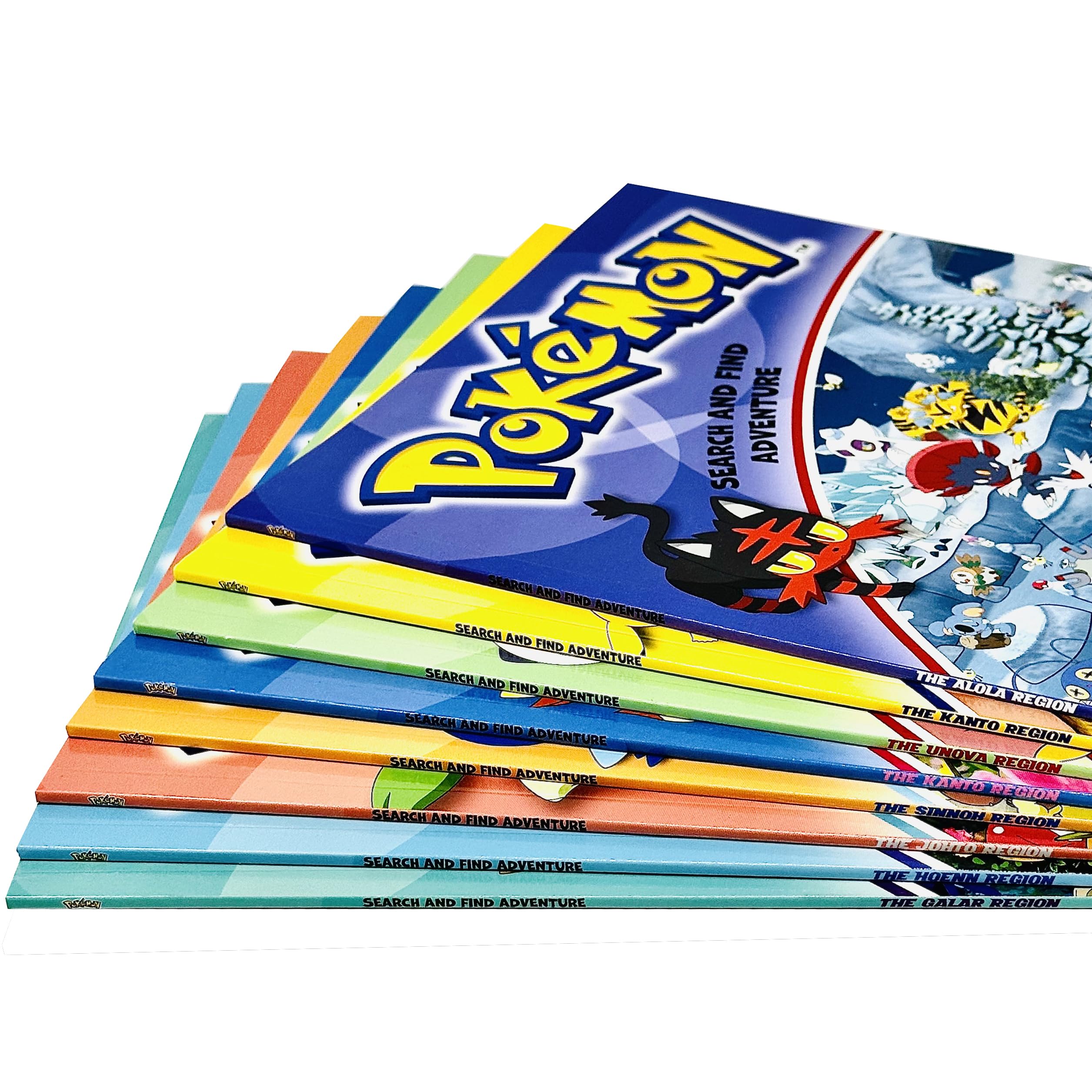 All 8 paperback books in the Pokémon Search and Find Adventure set fanned out, showing Alola, Kanto, Unova, Kalos, Sinnoh, Johto, Hoenn, and Galar region covers