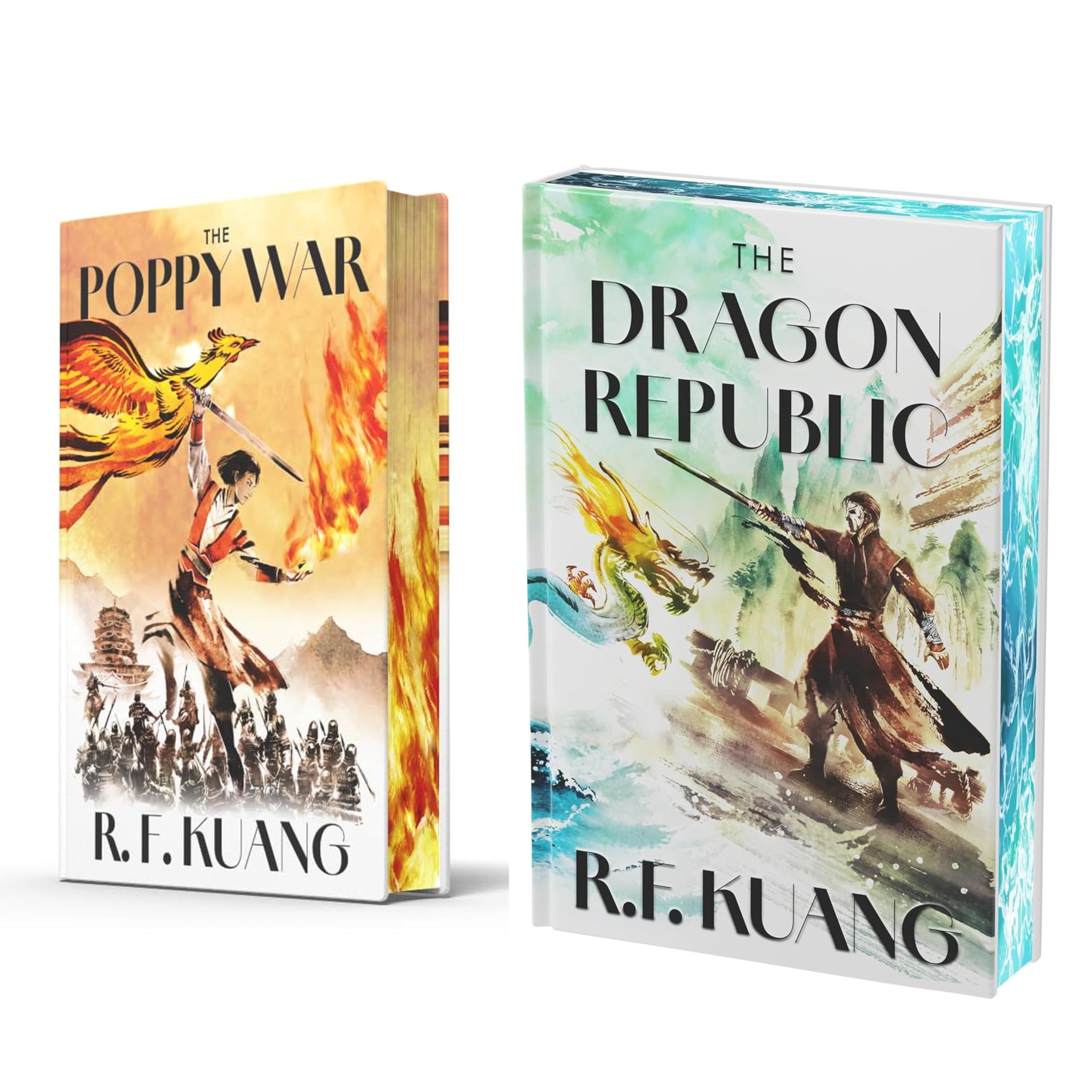 The Poppy War and The Dragon Republic hardback books by R.F. Kuang displayed together, highlighting the matching sprayed edges and collector's edition covers