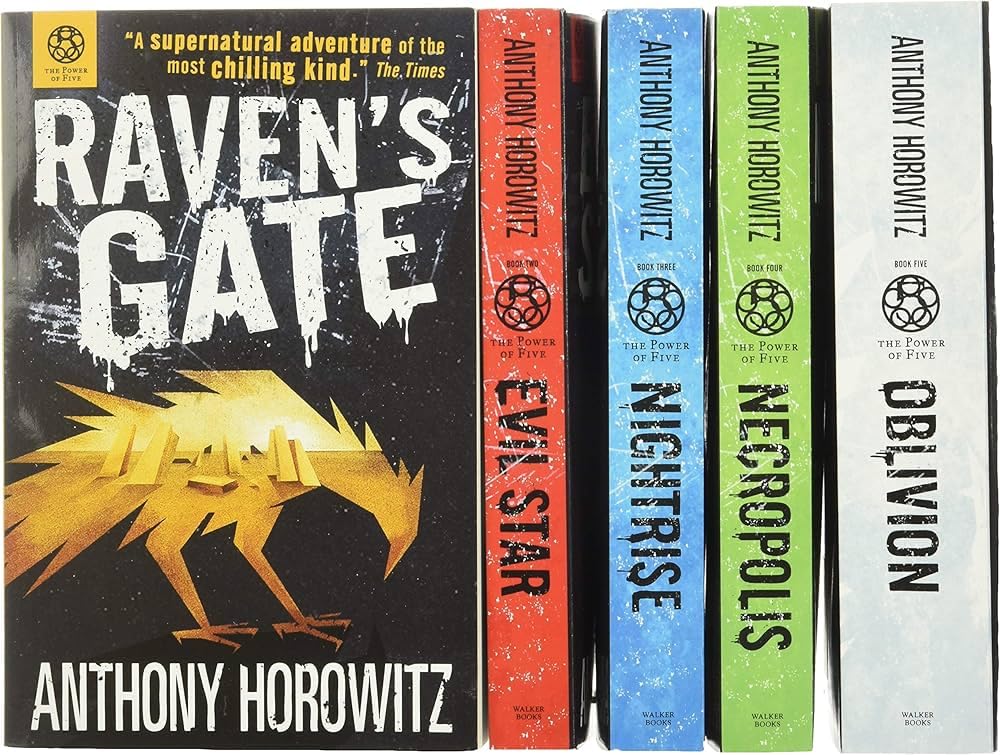 Power of Five 5 Books Collection Set by Anthony Horowitz - back cover and spines of the paperback set showing Raven's Gate, Evil Star, Nightrise, Necropolis, and Oblivion