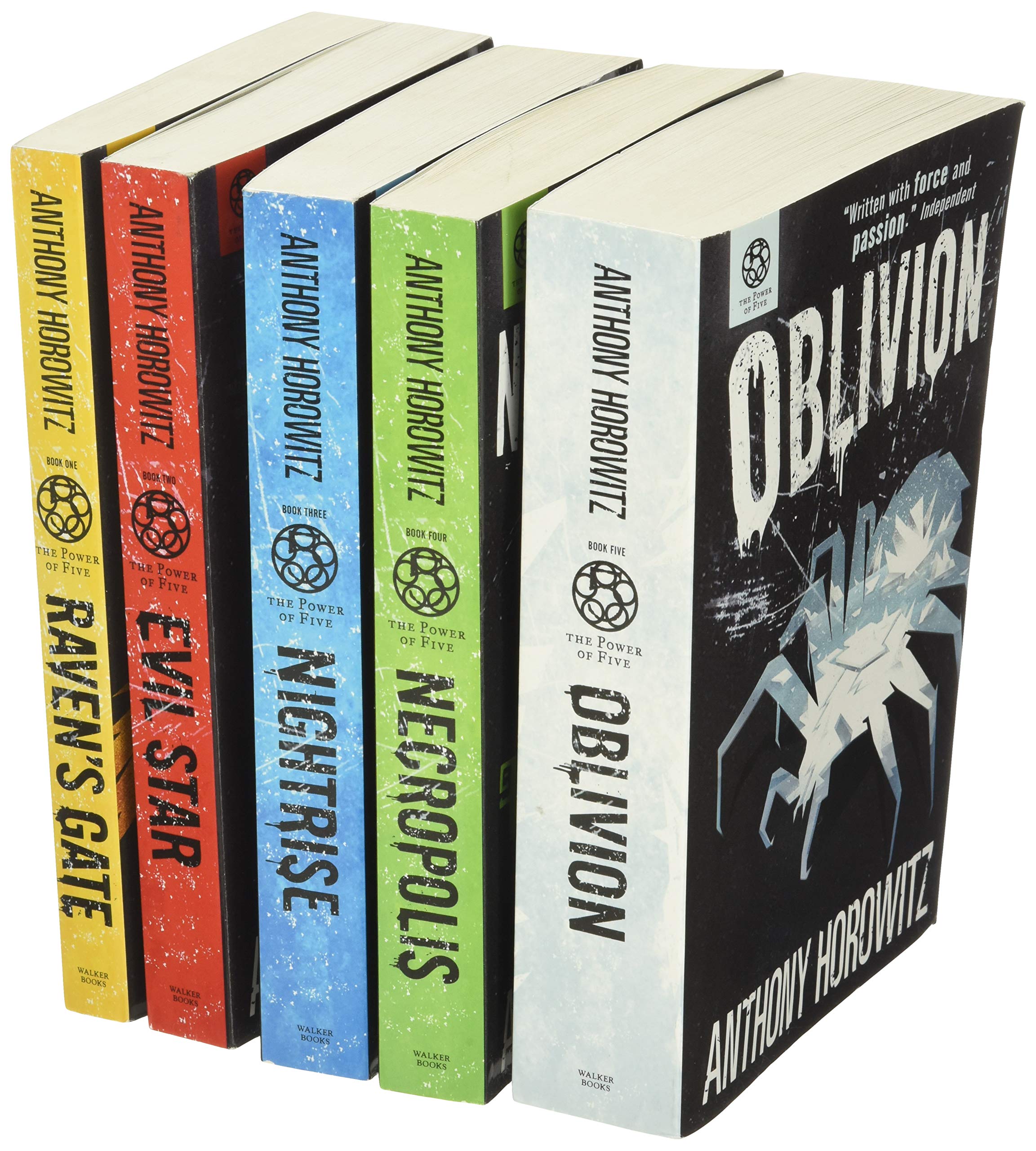 Front covers of all five Power of Five paperbacks by Anthony Horowitz - Raven's Gate, Evil Star, Nightrise, Necropolis, and Oblivion