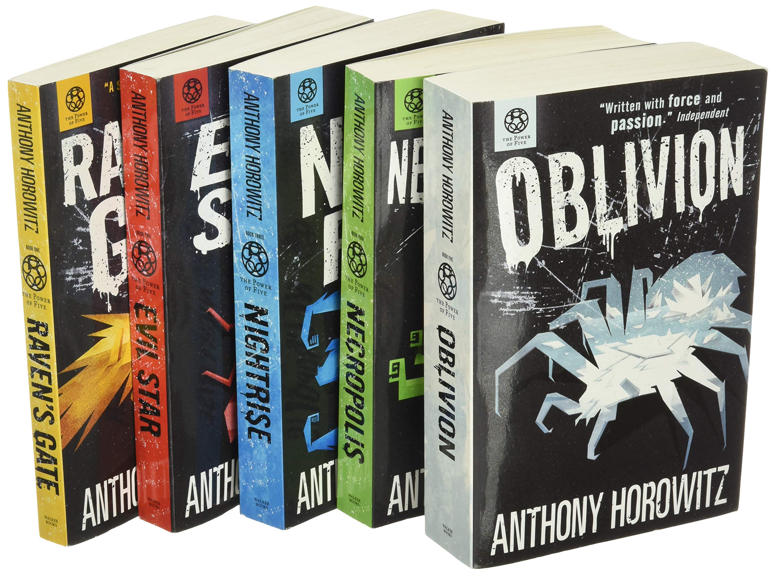 Power of Five paperback collection by Anthony Horowitz displayed spine-out, showing all 5 Young Adult book spines