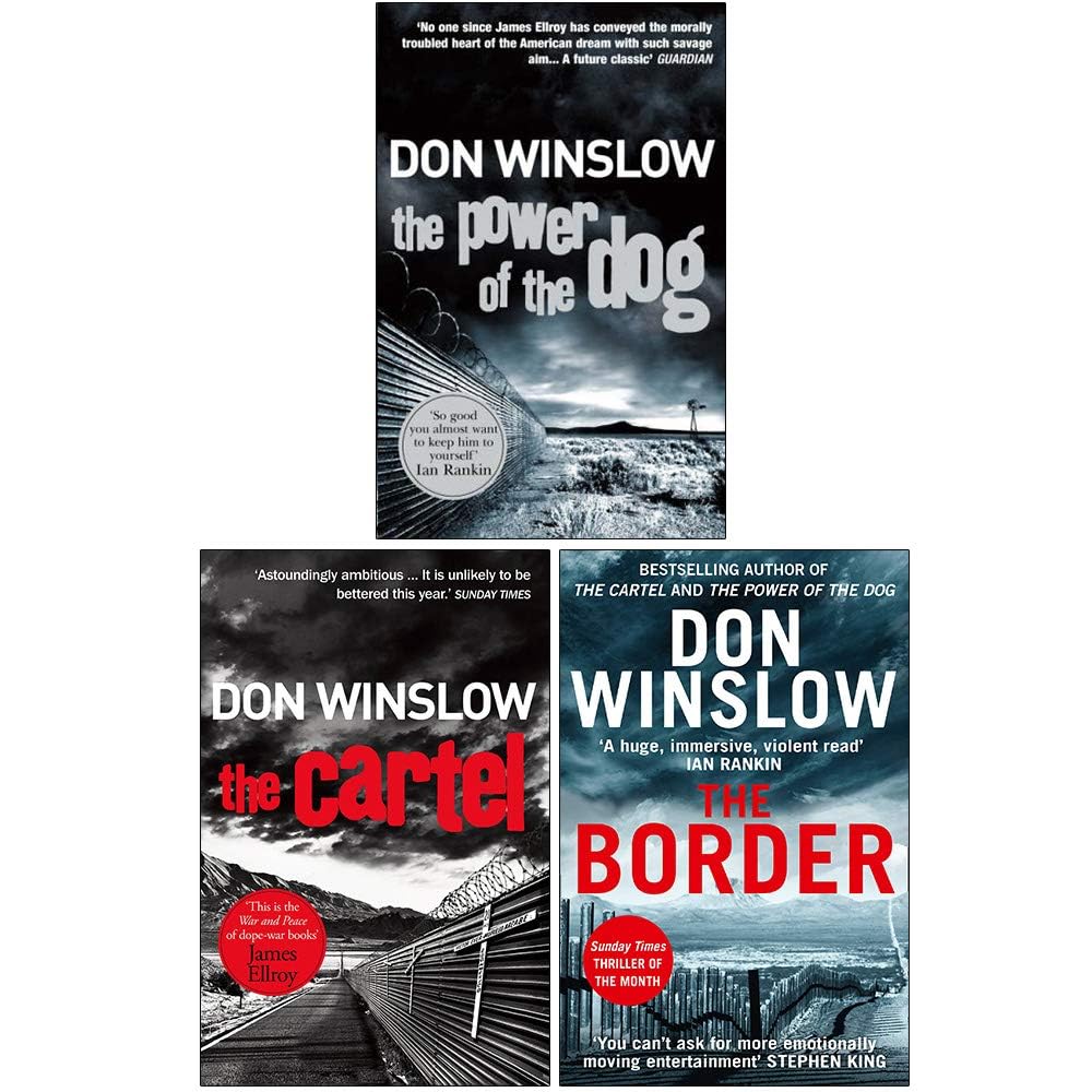 Front covers of the Power of the Dog Series 3-book paperback set by Don Winslow, including The Power of the Dog, The Cartel, and The Border.
