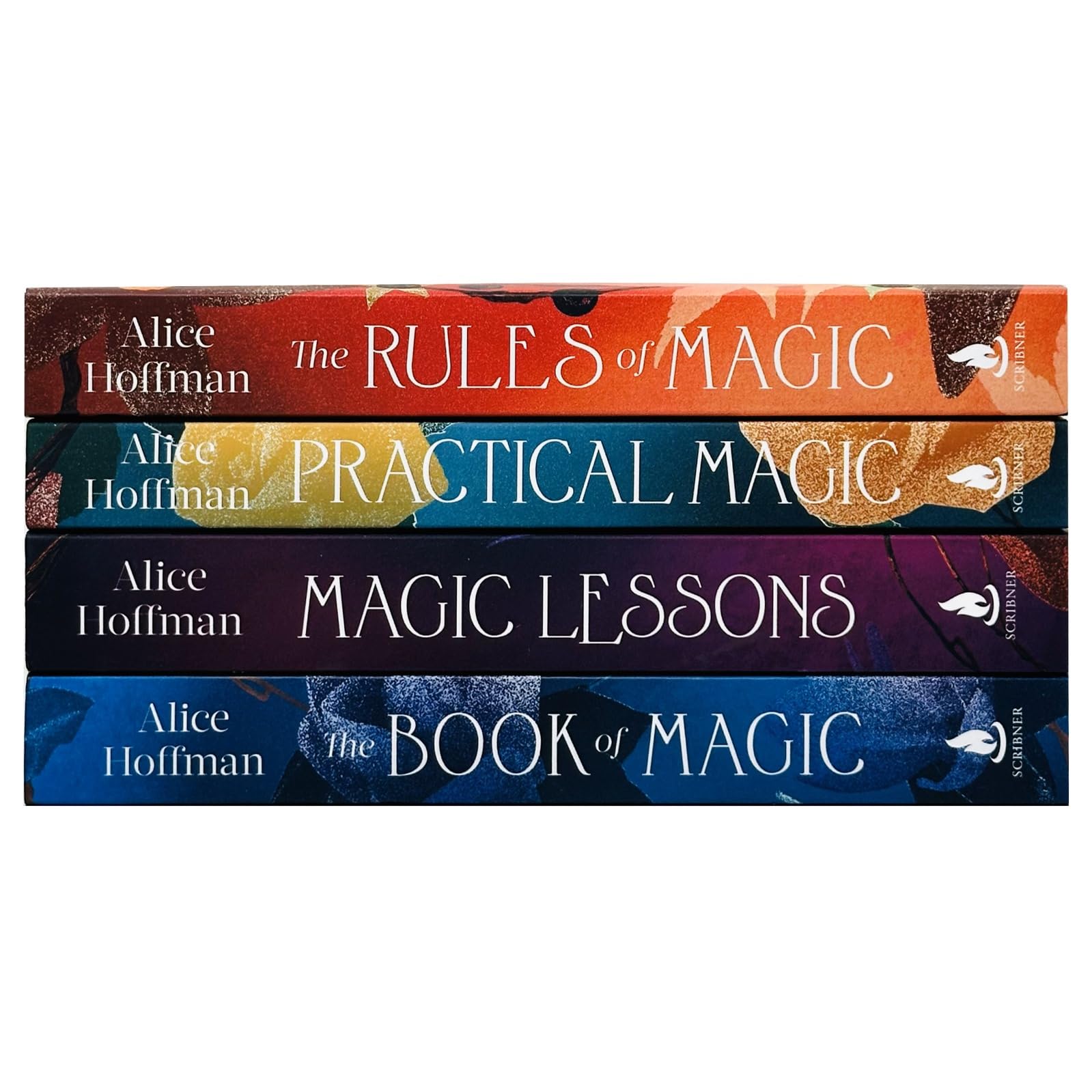 Back covers of the Practical Magic Series paperback set by Alice Hoffman showing the four Owens family saga novels