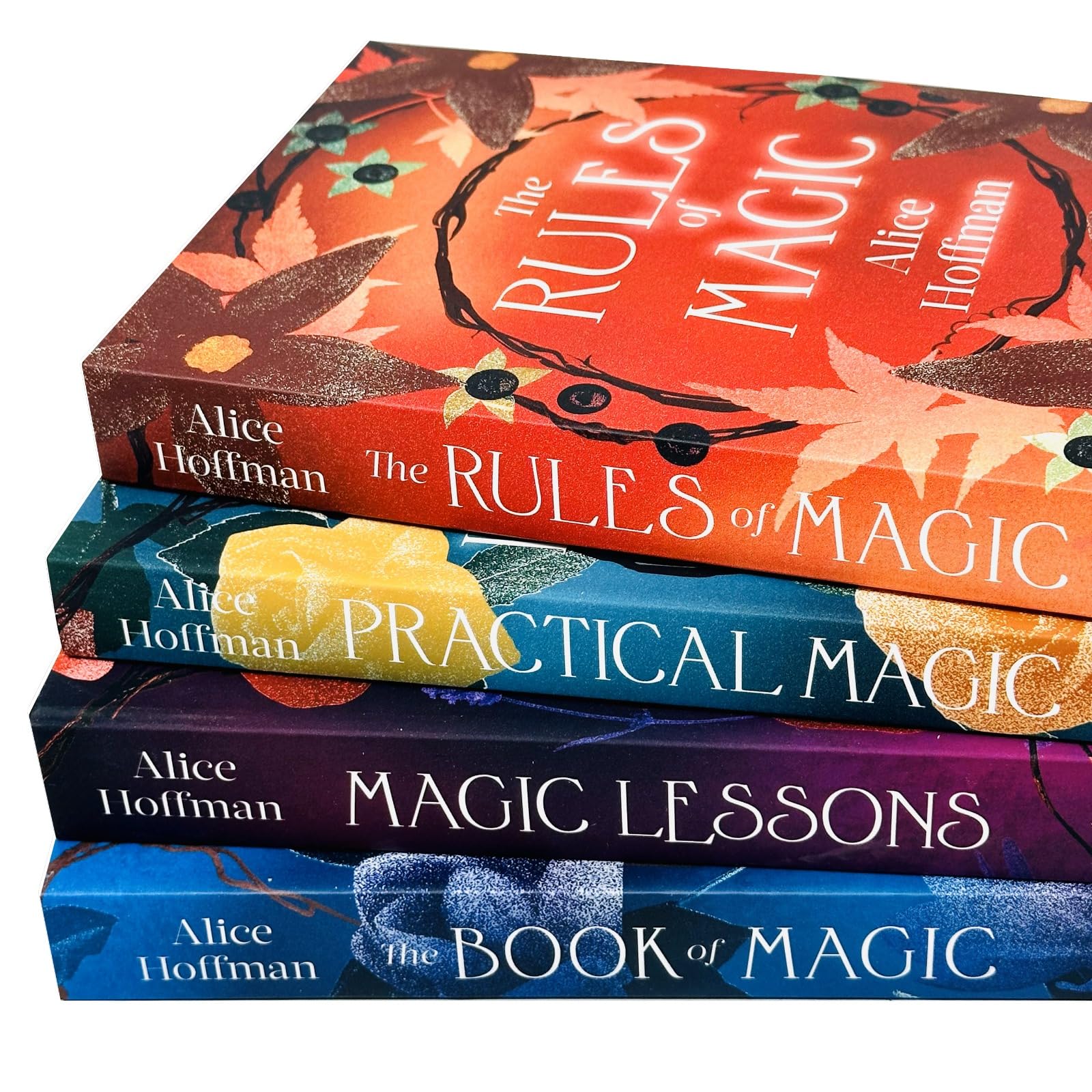 The four Practical Magic Series paperback books by Alice Hoffman fanned out to show spines and titles