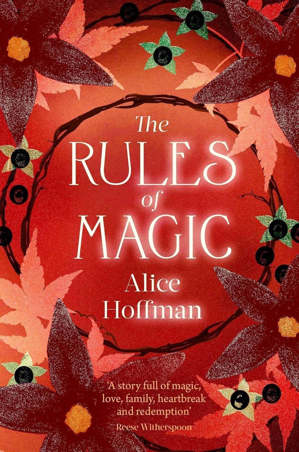 Close-up of the Practical Magic Series paperback covers by Alice Hoffman highlighting cover artwork and titles