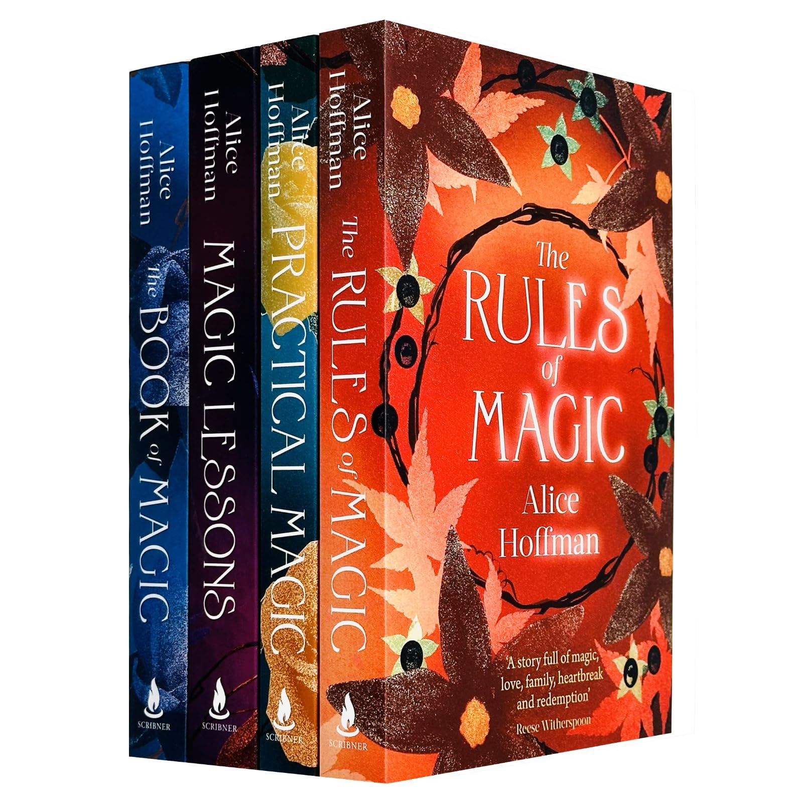 Front covers of the Practical Magic Series 4-book paperback collection by Alice Hoffman, featuring Practical Magic, The Rules of Magic, Magic Lessons, and The Book of Magic