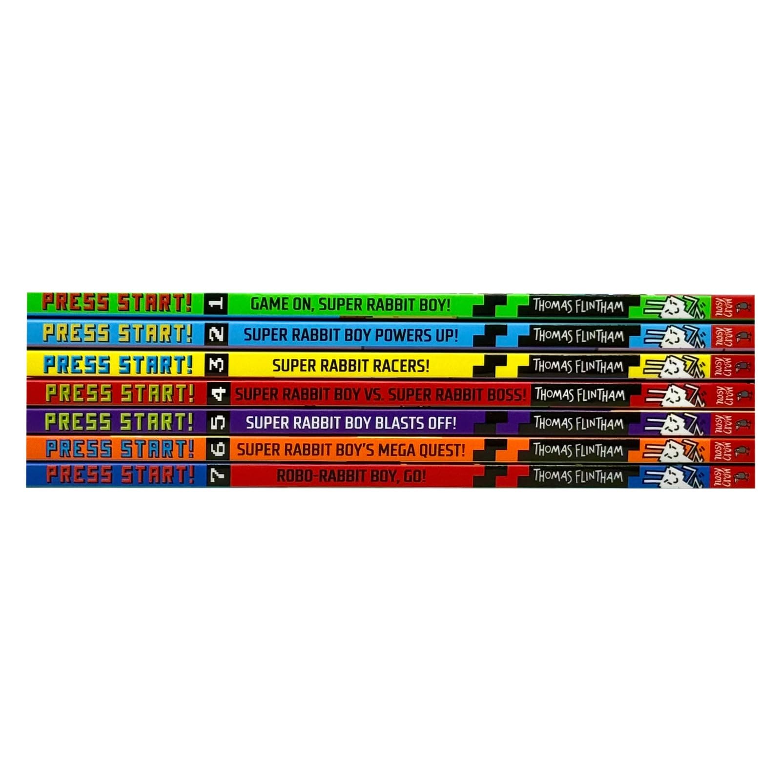 Press Start! 7 book paperback collection set fanned out showing all Super Rabbit Boy titles by Thomas Flintham