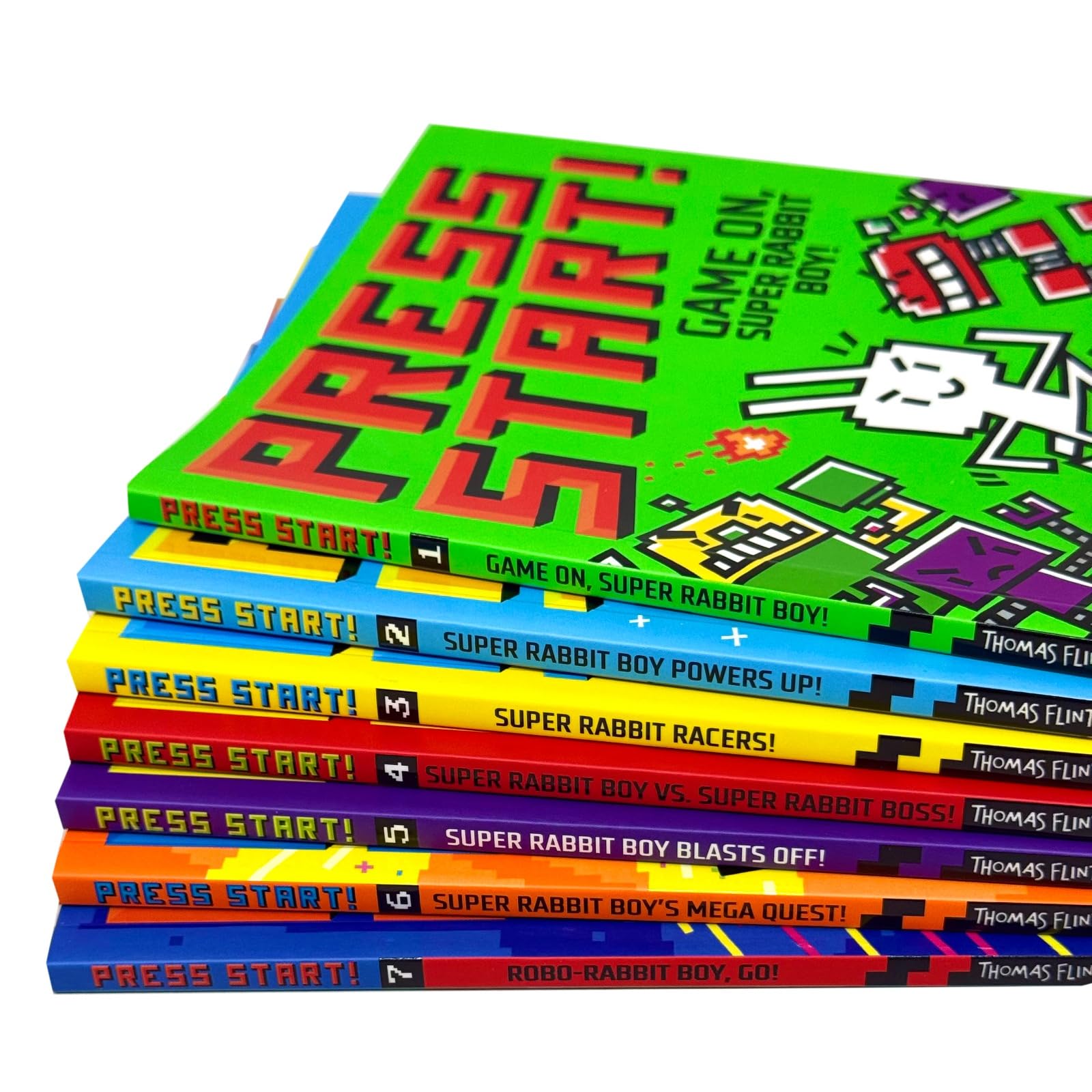 Back cover of Press Start! Super Rabbit Boy paperback book by Thomas Flintham with series description