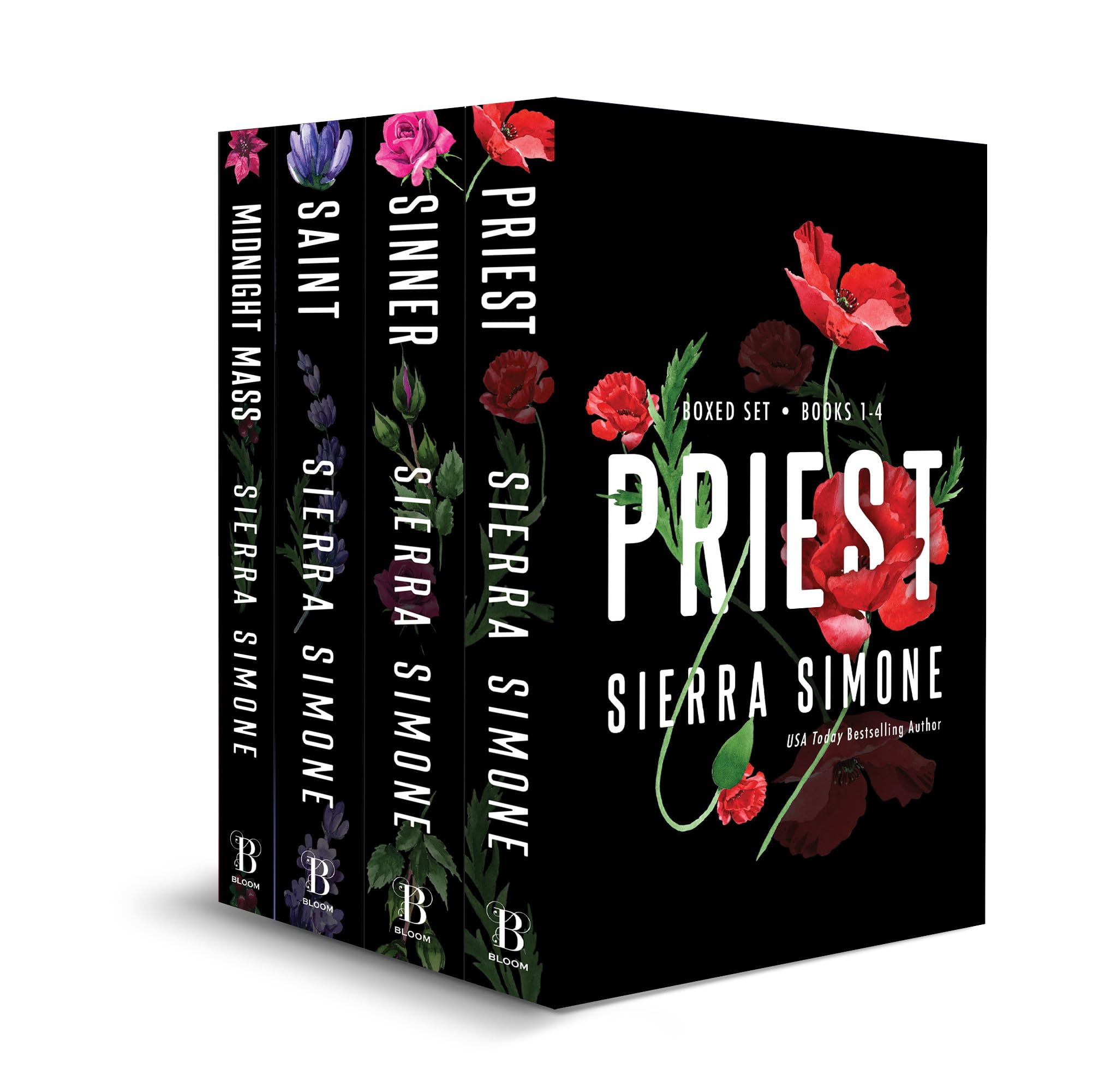 Priest Boxed Set by Sierra Simone paperback collection front cover, featuring Priest, Midnight Mass, Sinner, and Saint