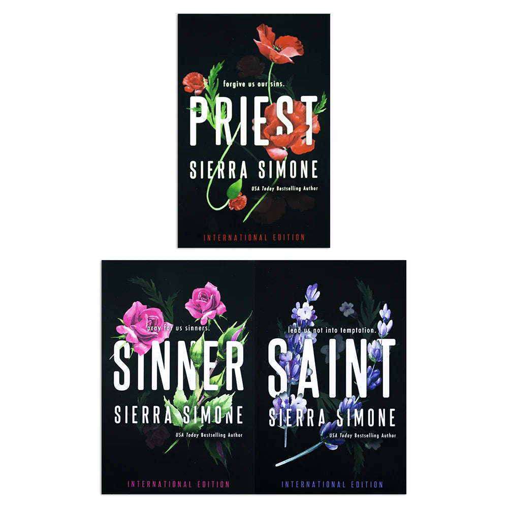 Priest Trilogy by Sierra Simone 3-book paperback collection set displayed together, Bloom Books fiction romance.