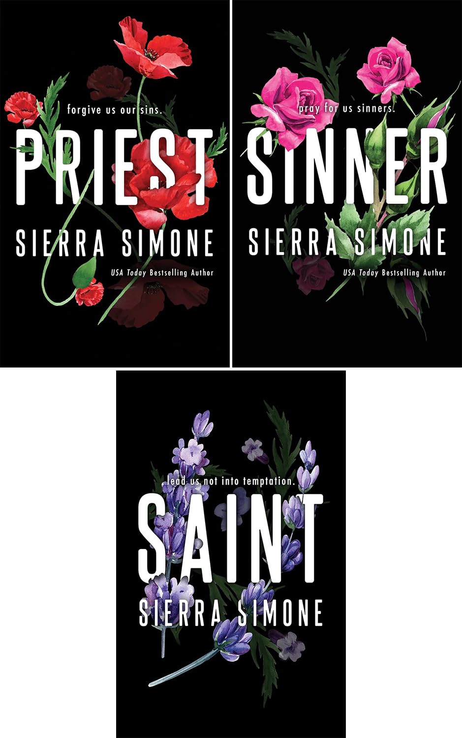 Close-up of the Priest, Sinner, and Saint paperback covers side by side from the Sierra Simone Priest Trilogy set.