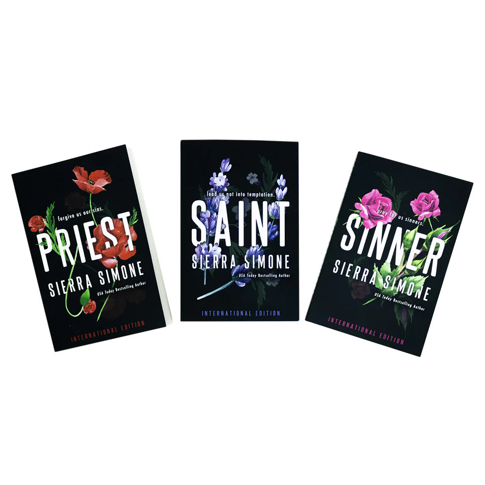 Angled shelf shot of the Priest Trilogy 3-book paperback collection set by Sierra Simone standing upright.