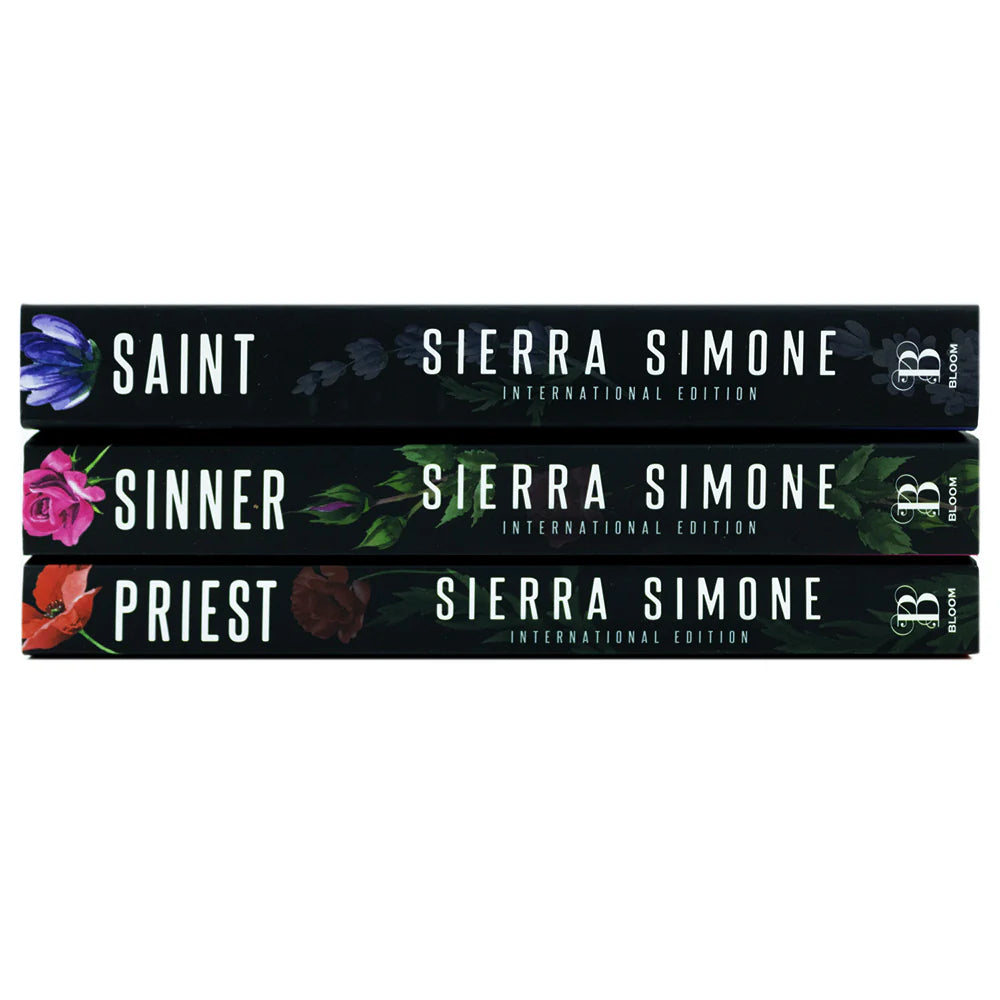 Back cover blurb view of the Priest Trilogy paperback books by Sierra Simone, Bloom Books fiction romance set.