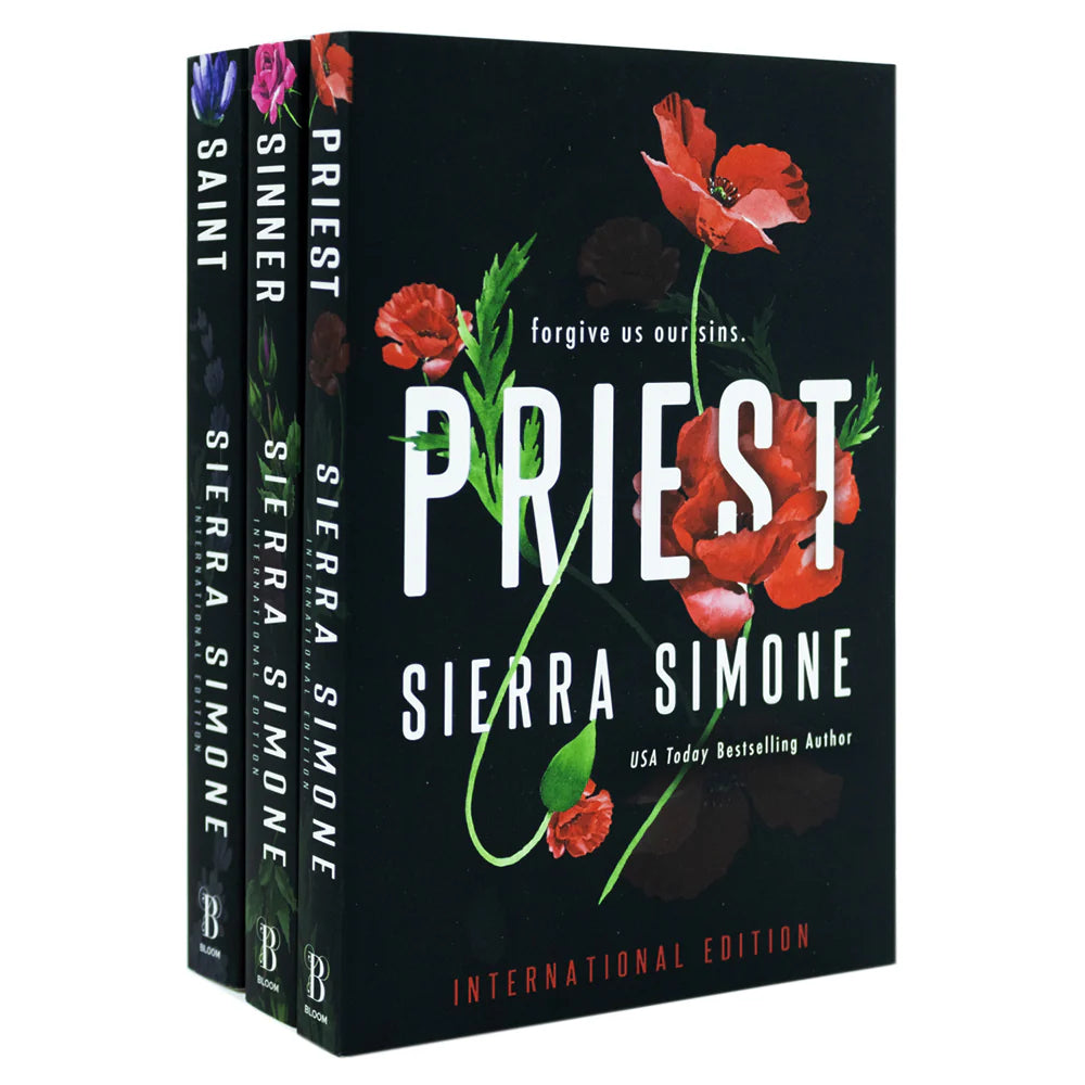 Priest Trilogy by Sierra Simone paperback book set front cover artwork, featuring Priest, Sinner, and Saint.