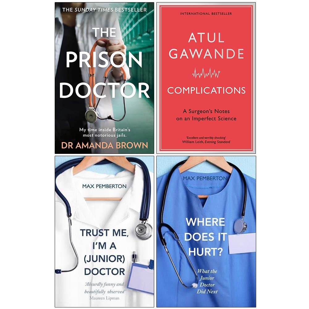 Front cover of the 4-book medical memoirs paperback collection set including The Prison Doctor, Complications, Trust Me I'm a Junior Doctor, and Where Does It Hurt?