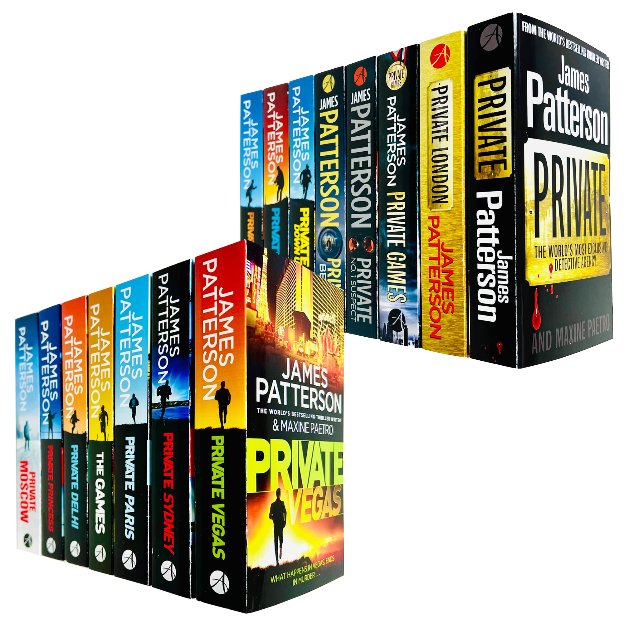 Full set of Private series by James Patterson paperback books fanned out, showing the spines and covers of the 15-book collection